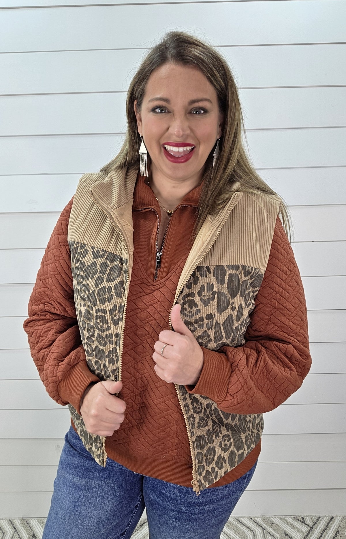 TAUPE LEOPARD CORD CONTRAST ZIPPER VEST