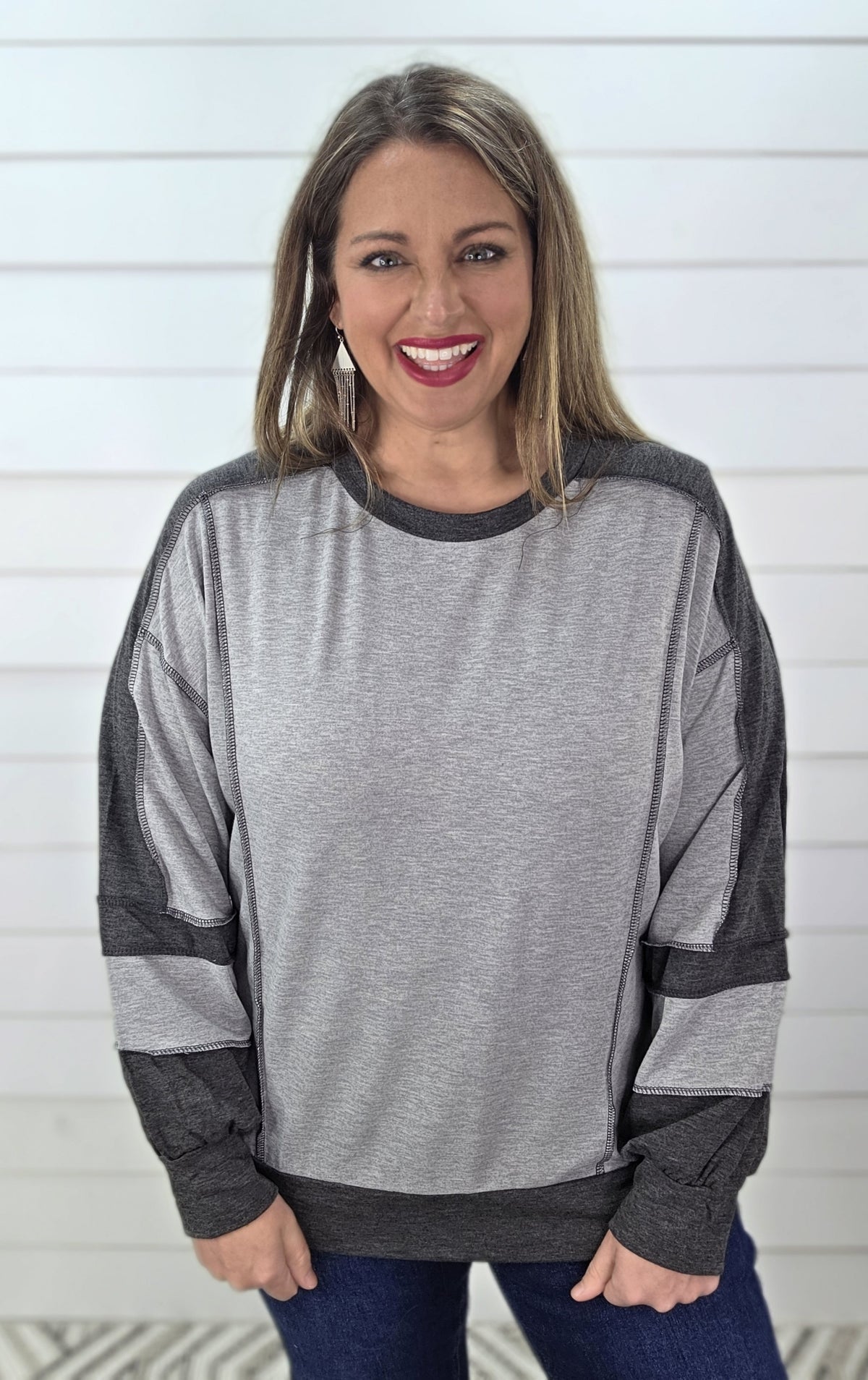 H GREY/CHARCOAL/PLAID CONTRAST KNIT TOP