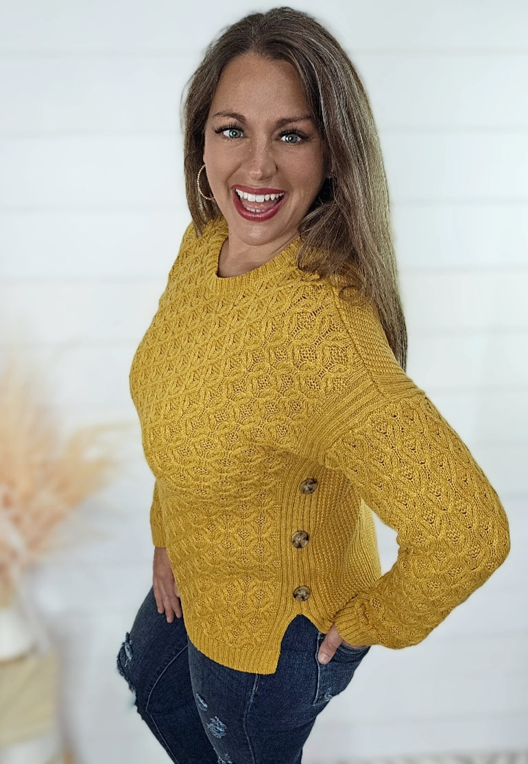 GOLDEN MUSTARD COTTON BUTTON ACCENT SWEATER