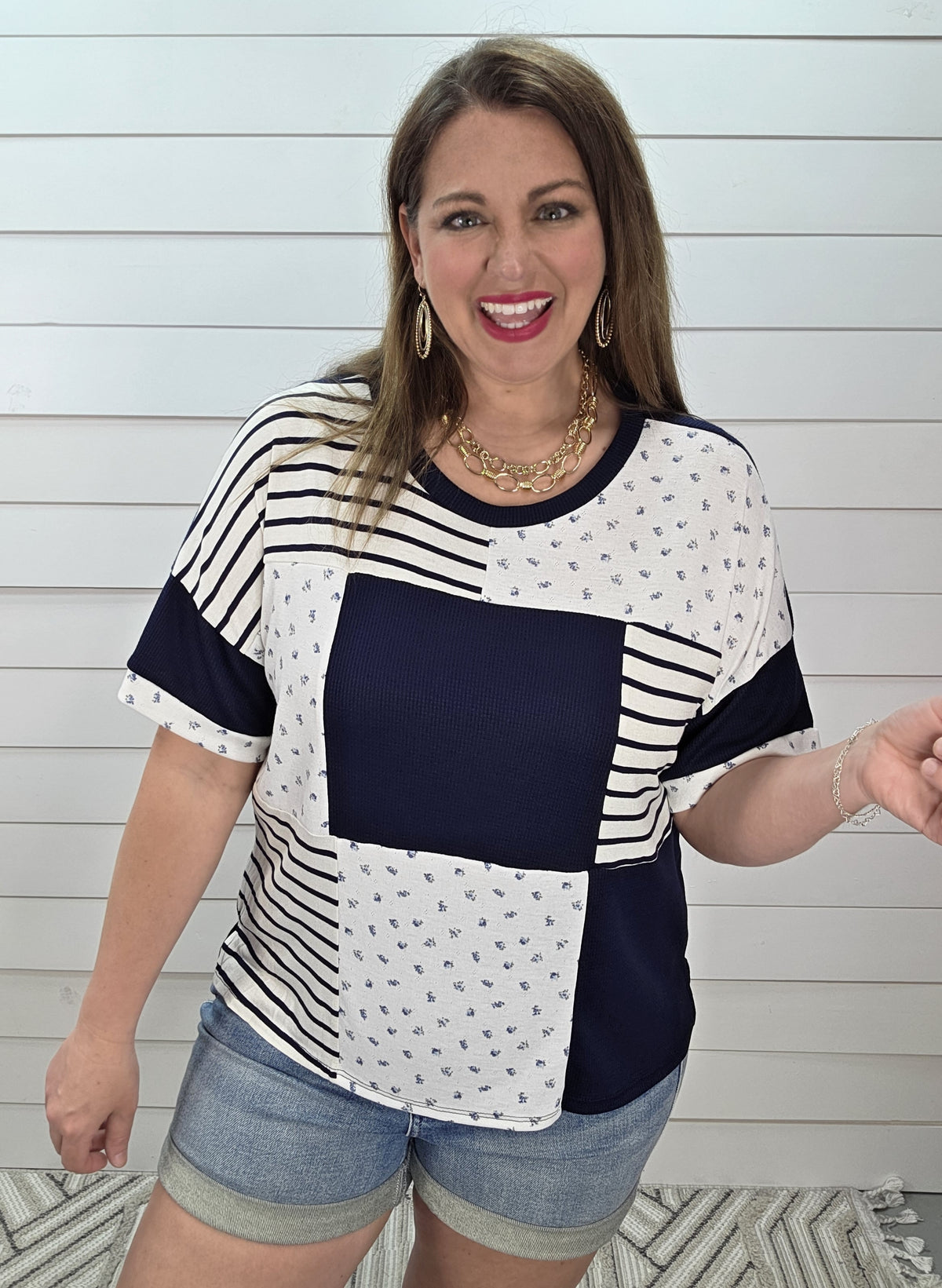 NAVY/WHITE PATCHWORK KNIT TOP