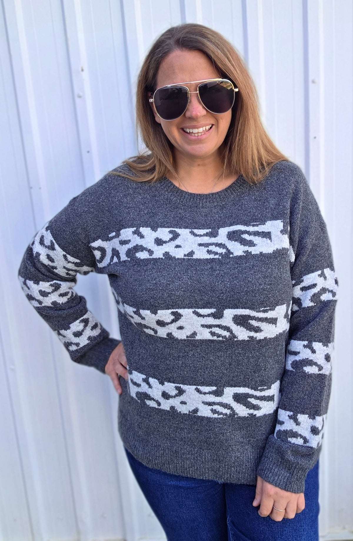 Charcoal Leopard Color Block Crew Neck Pullover Sweater