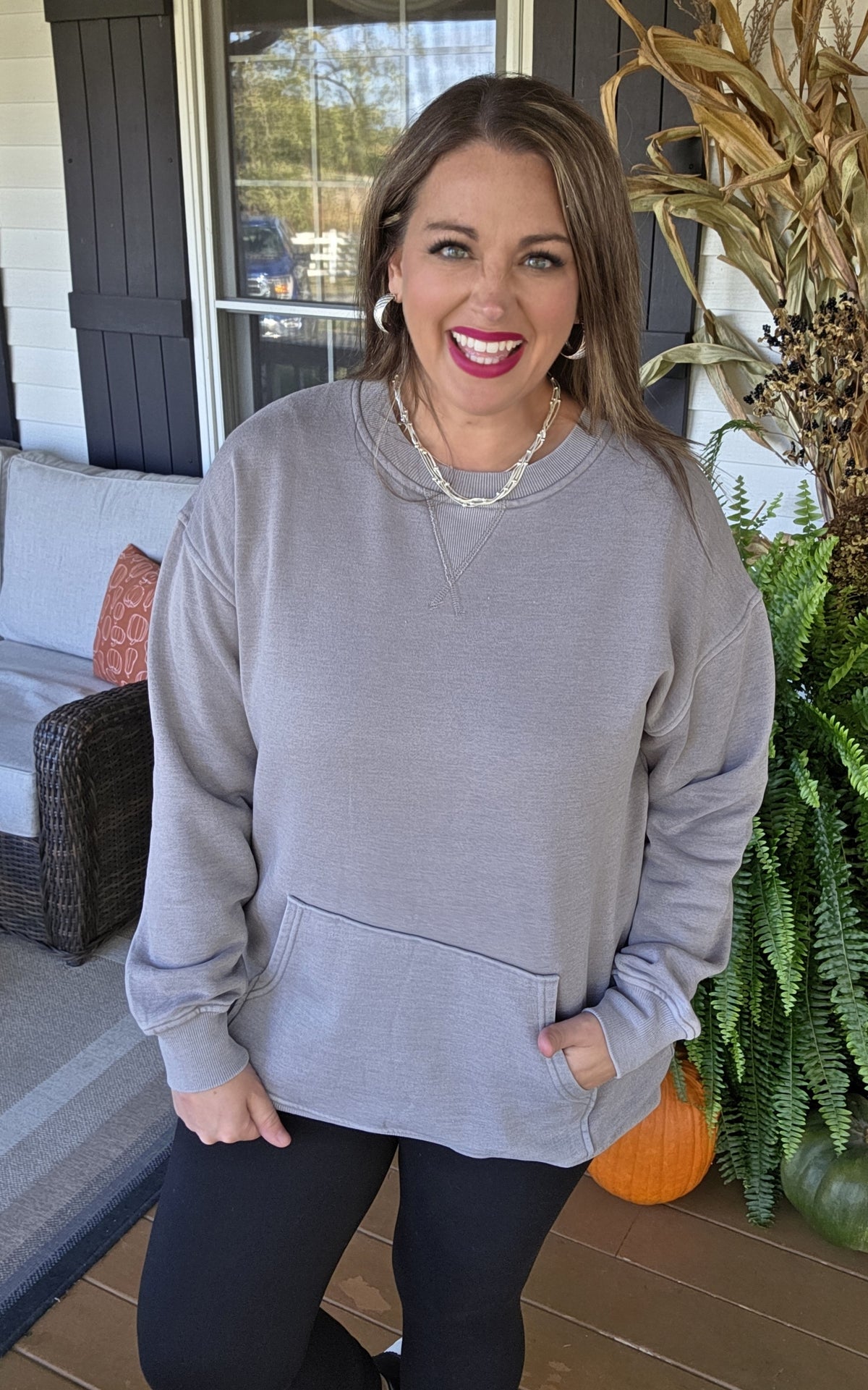 GREY MINERAL WASH PULLOVER W/ KANGAROO POCKET