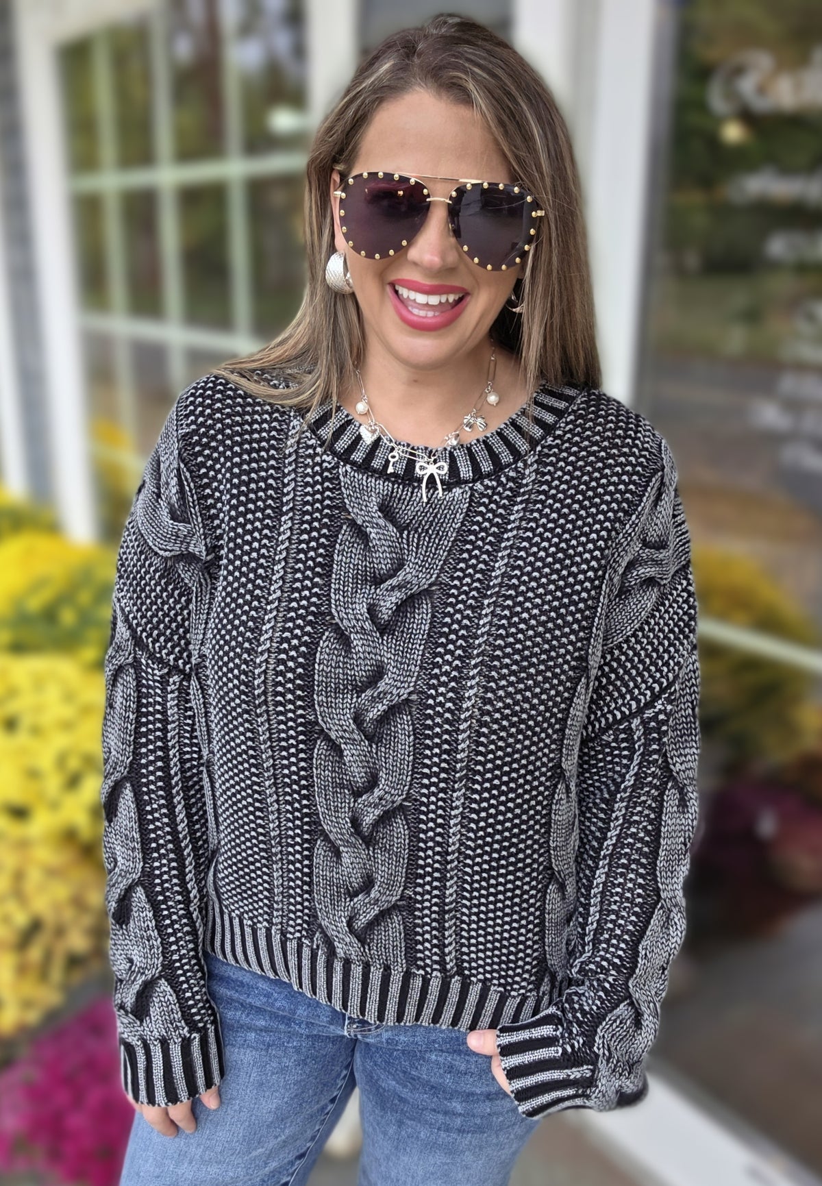 CHARCOAL MINERAL WASH CABLE KNIT SWEATER