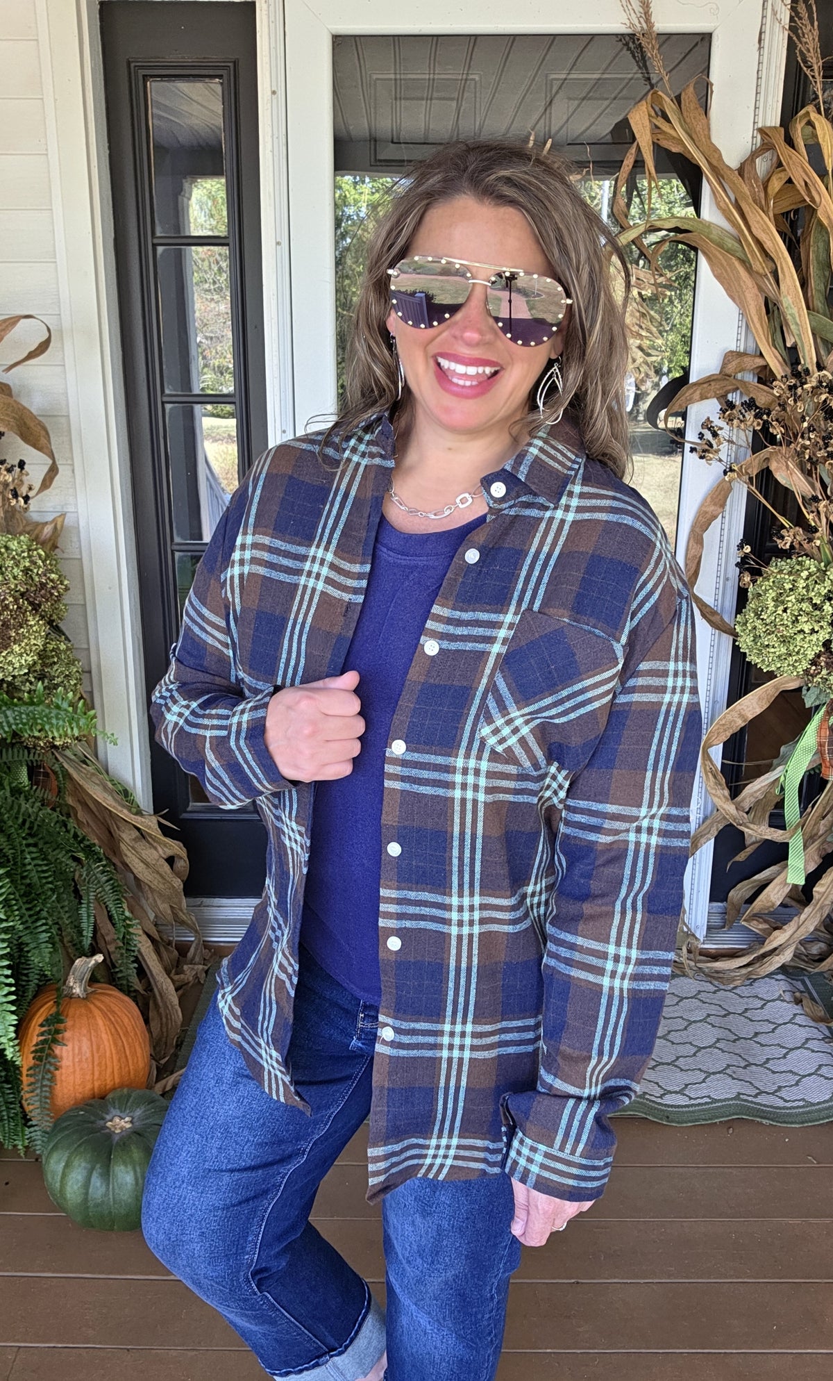 BLUE/BROWN/TEAL CHECK BUTTON DOWN PLAID TOP