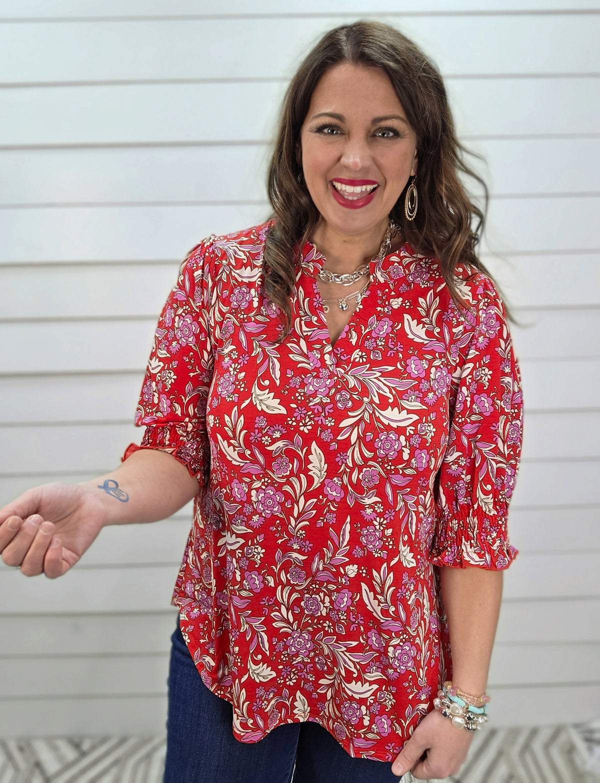 DEAR SCARLETT SMOCKED TOP - RED PRINTED