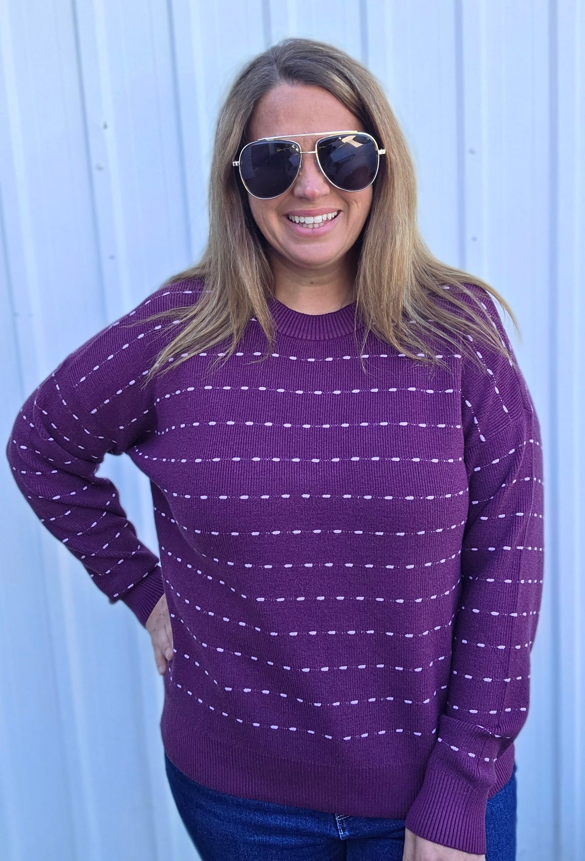 Plum Texture Striped, Crew Neck, Long Sleeve, Pullover Sweater