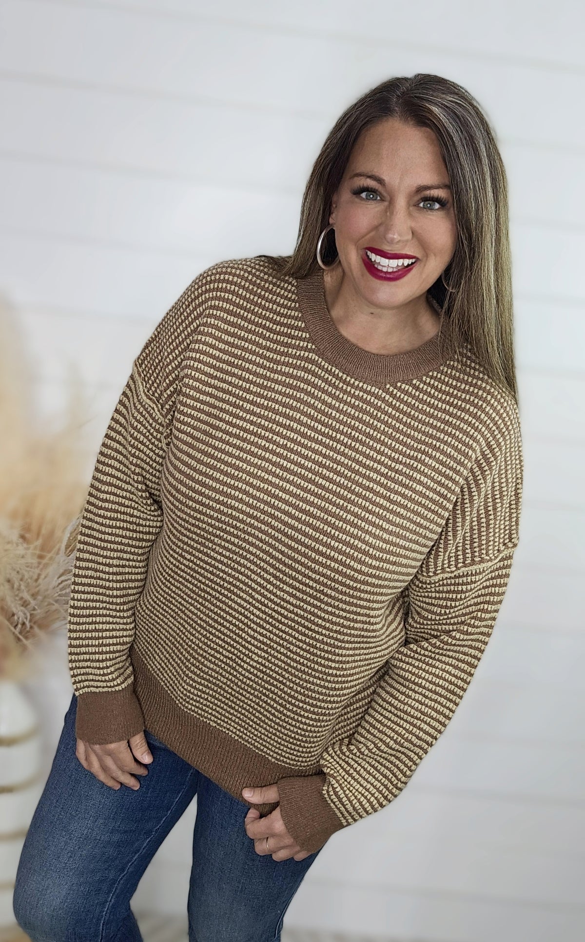 BEIGE WAFFLE TEXTURE TWO TONE SWEATER