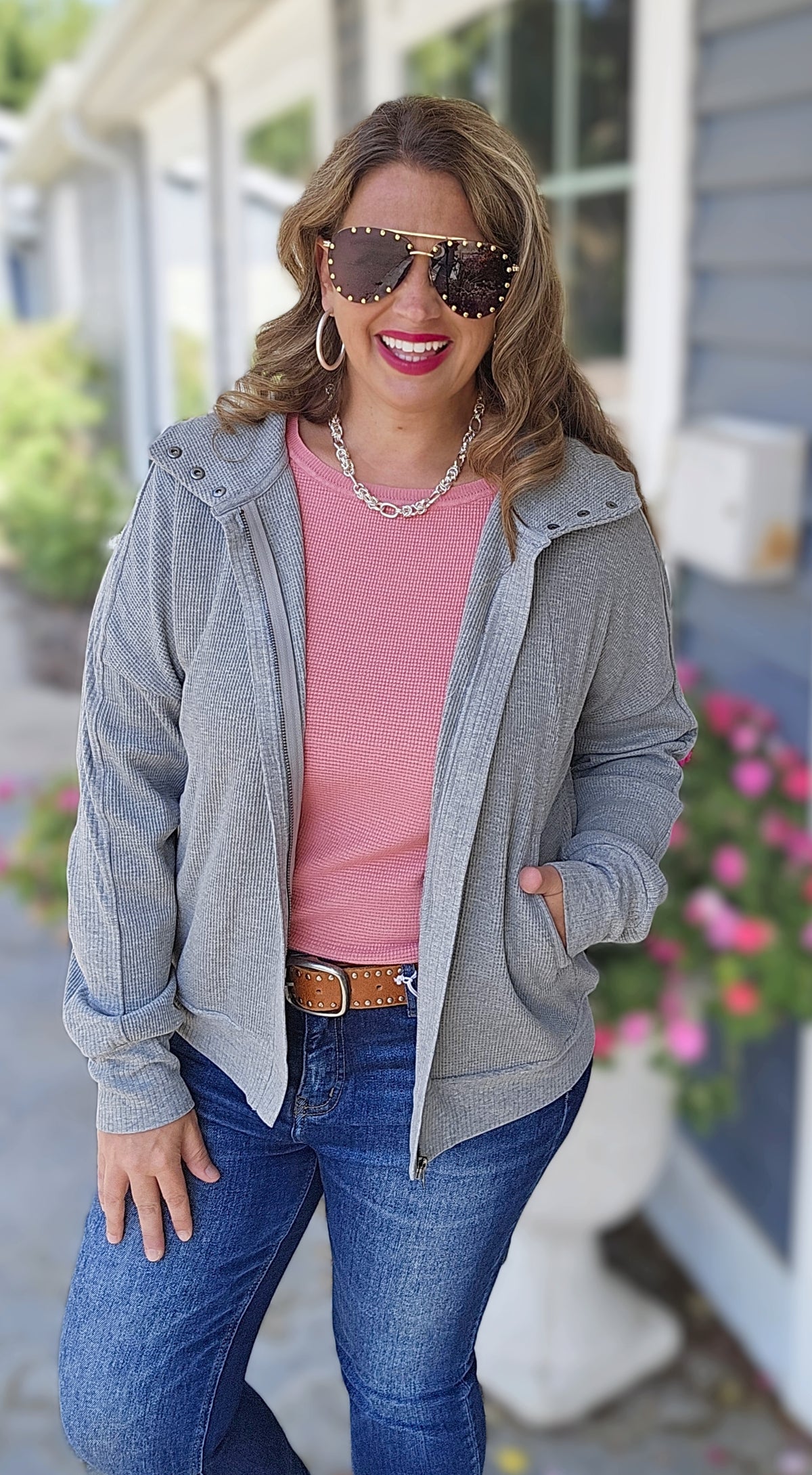 GREY WAFFLE TEXTURED ZIP UP JACKET