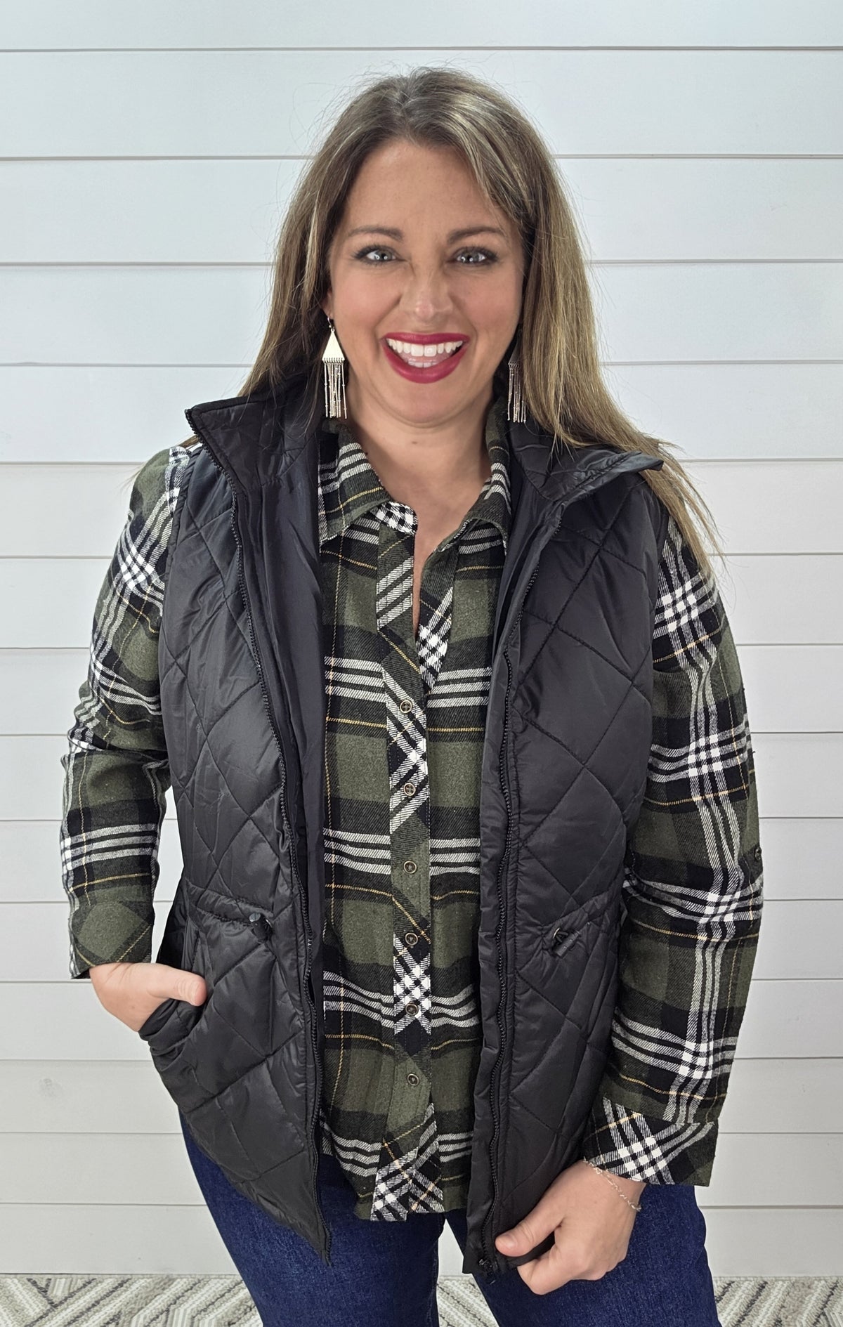 KAREN HART BLACK QUILTED CINCH ZIPPER VEST