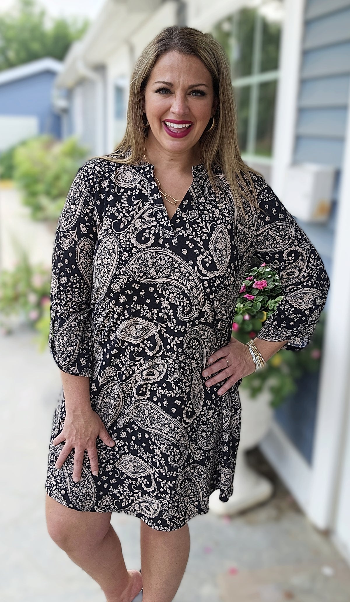 DEAR SCARLETT BLACK/TAUPE PAISLEY 3/4 SLEEVE DRESS