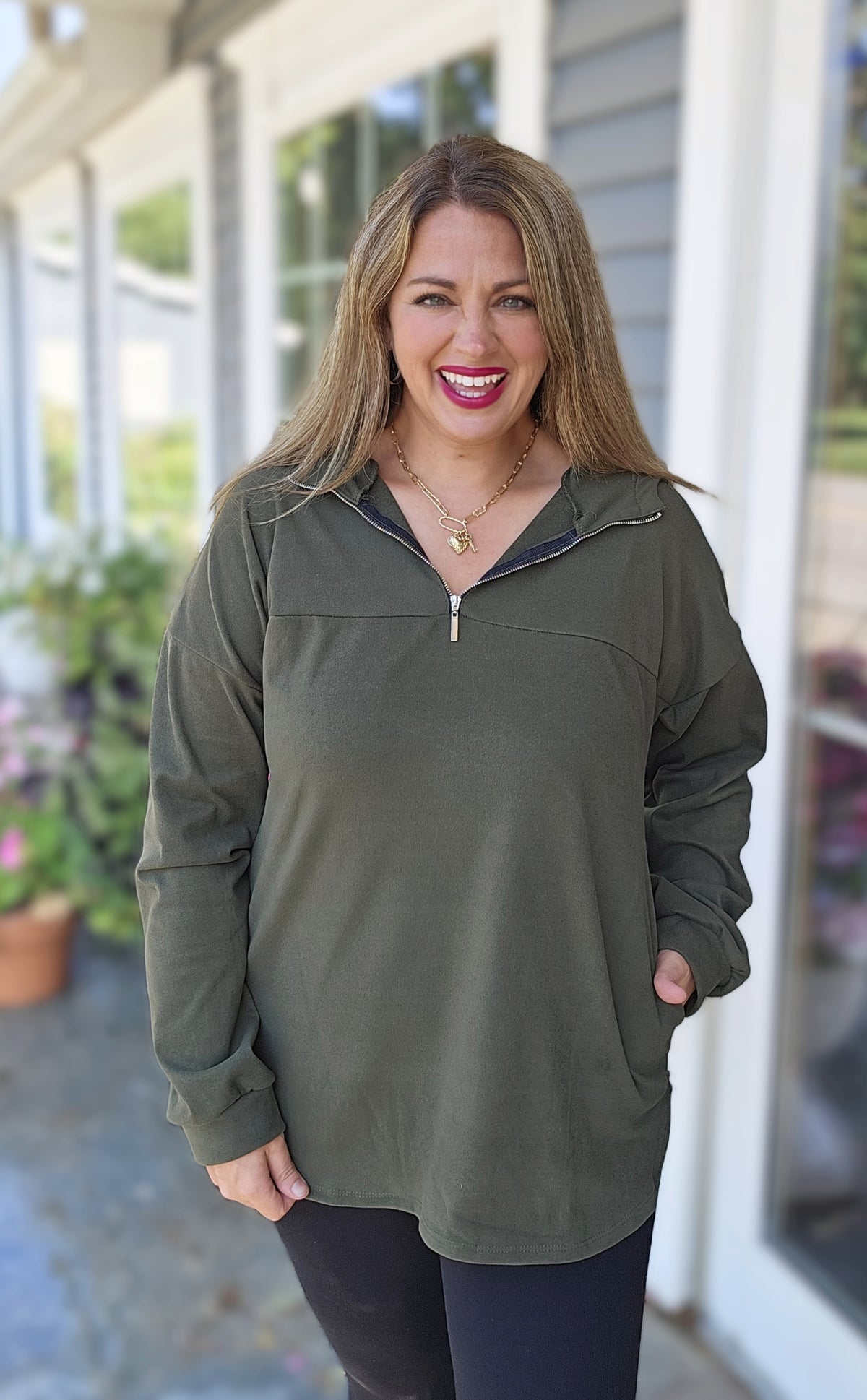 OLIVE MICROFIBER SOFT QUARTER ZIP PULLOVER