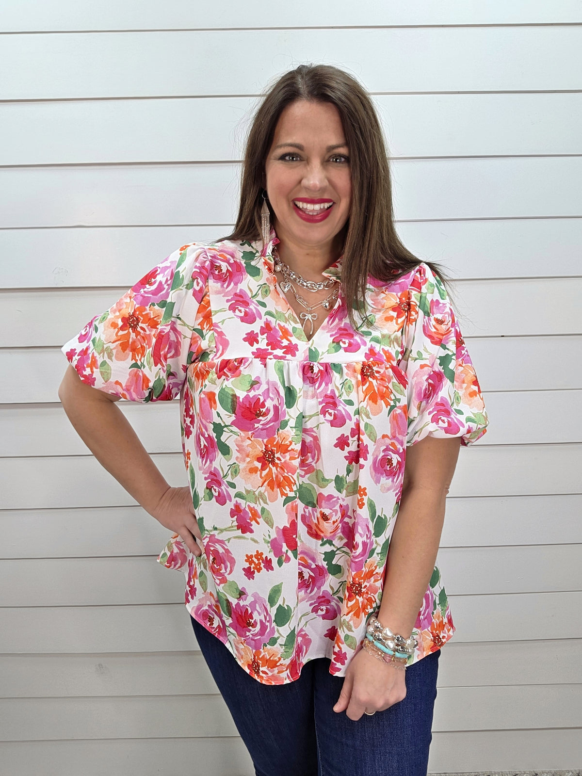 IVORY/FUCHSIA/ORANGE FLORAL V NECK FLOWY WOVEN TOP