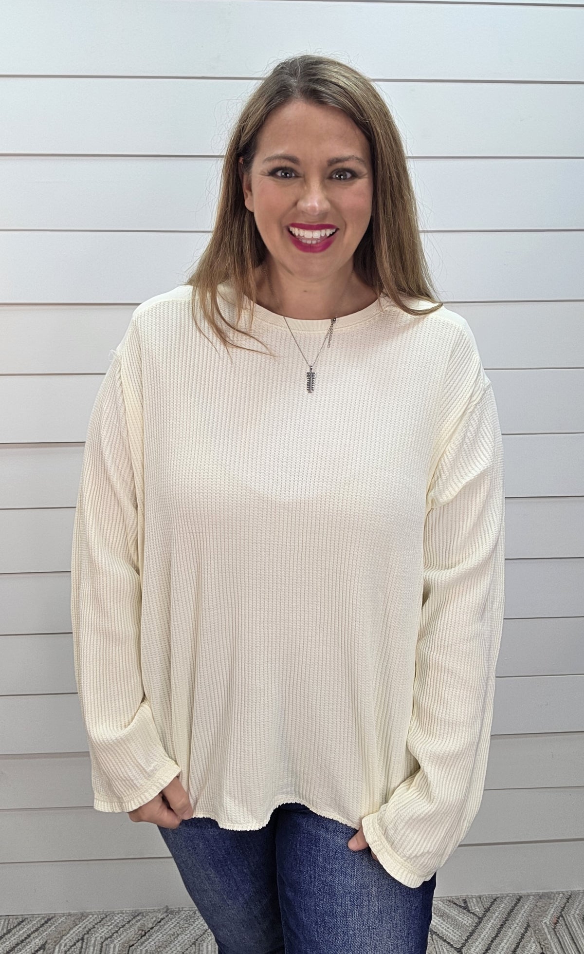 CREAM MINERAL WASH WAFFLE TEXTURED CONTRAST KNIT TOP