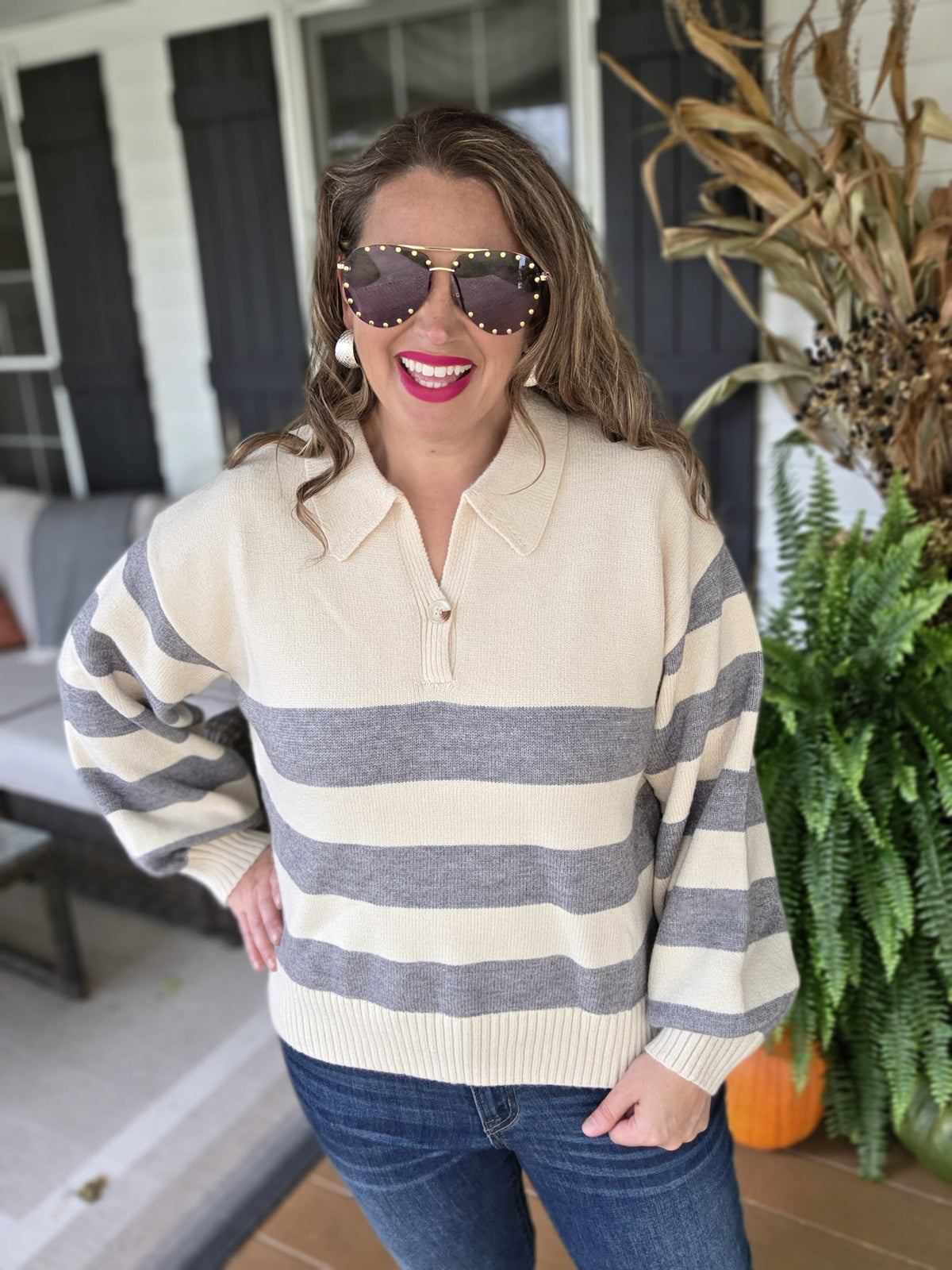 GREY STRIPED V NECK BUTTON TRIM SWEATER