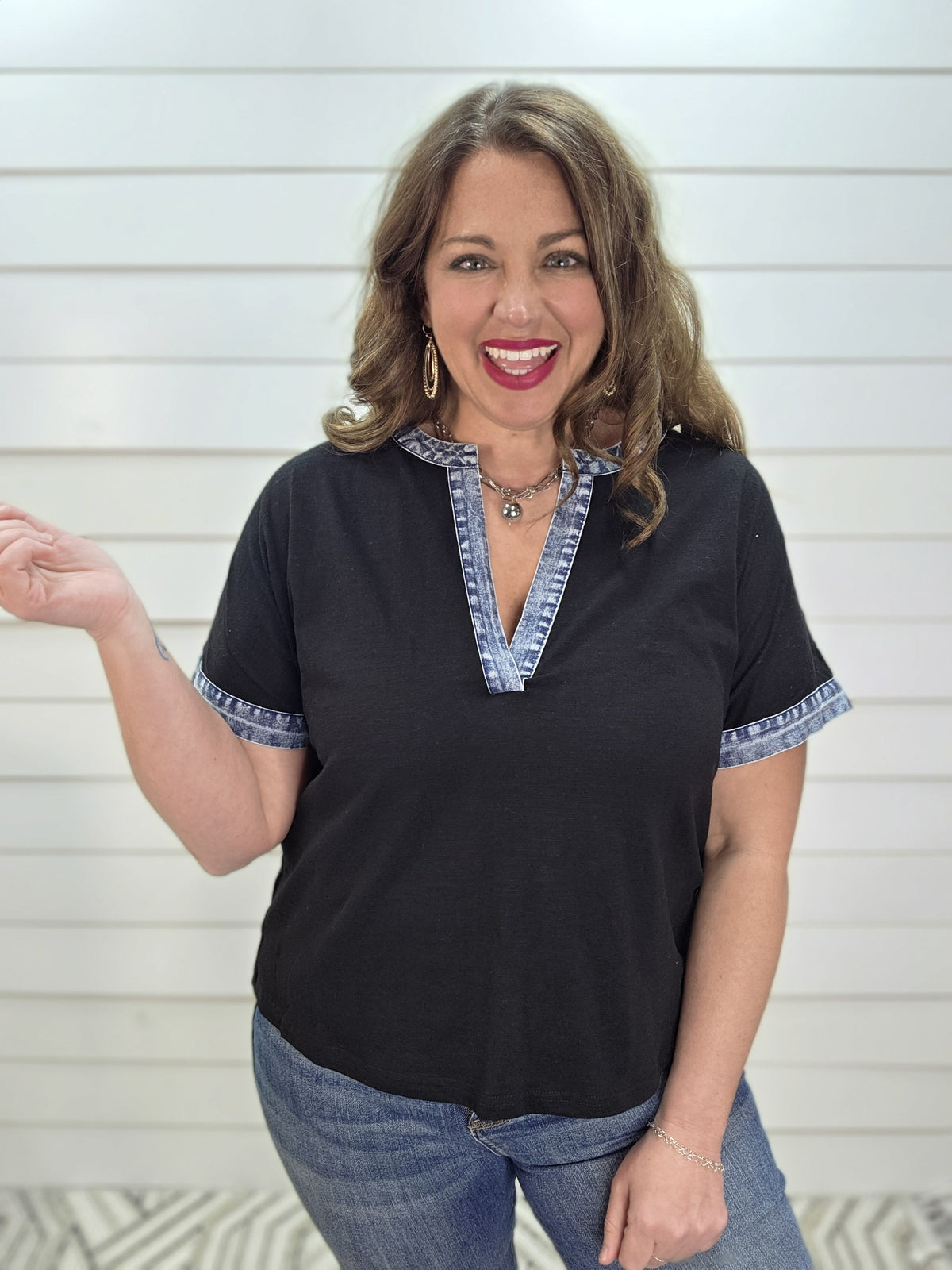 BLACK/DENIM CONTRAST KNIT TOP