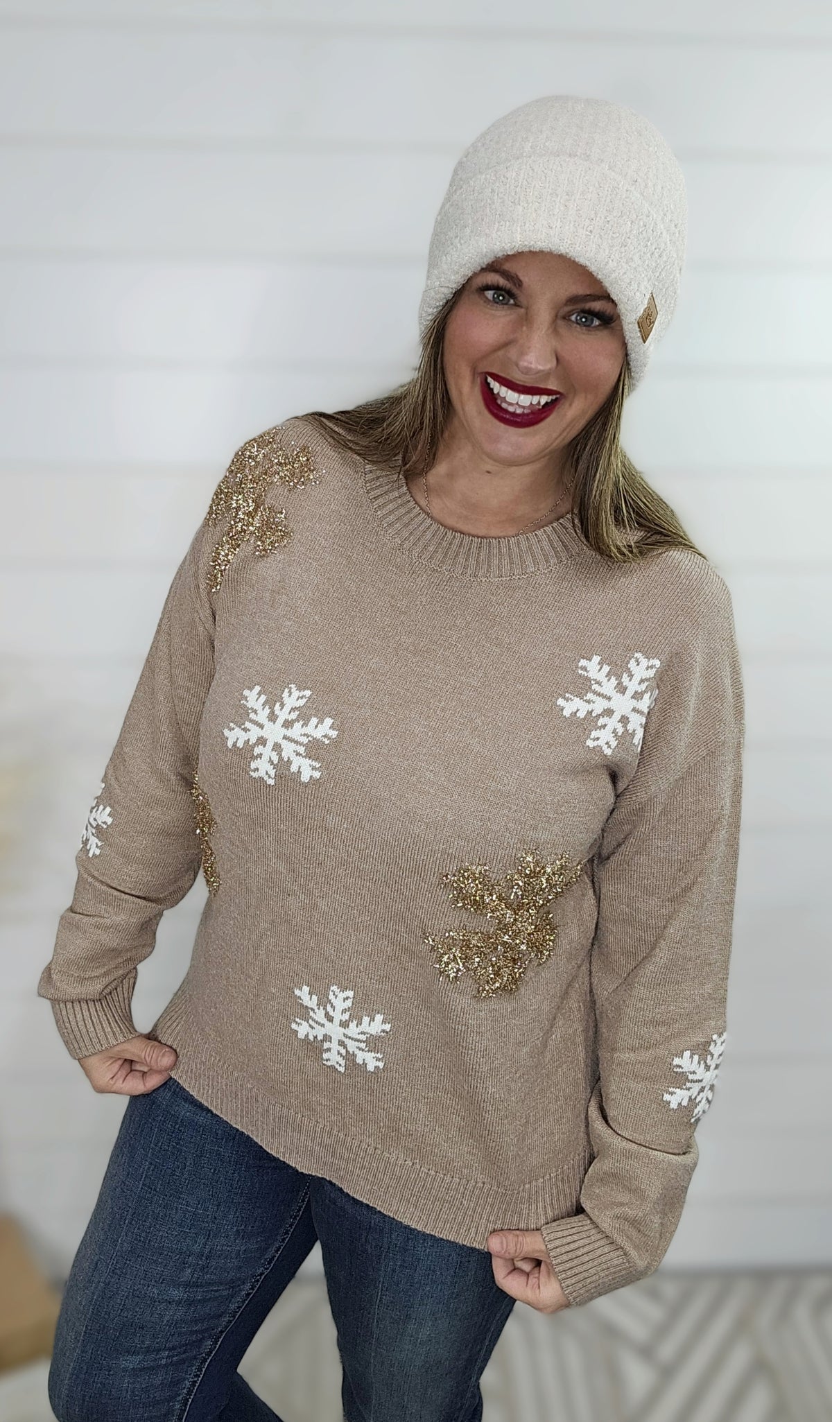 MOCHA METALLIC SNOWFLAKE SWEATER