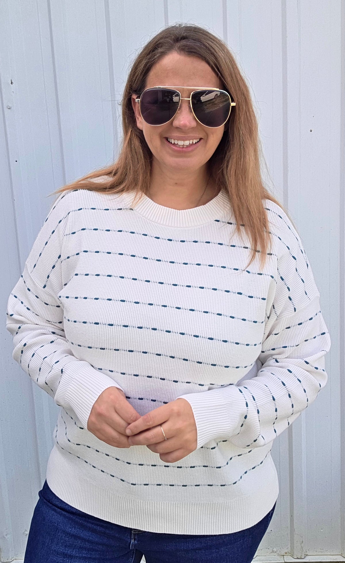 IVORY/TEAL Texture Striped, Crew Neck, Long Sleeve, Pullover Sweater