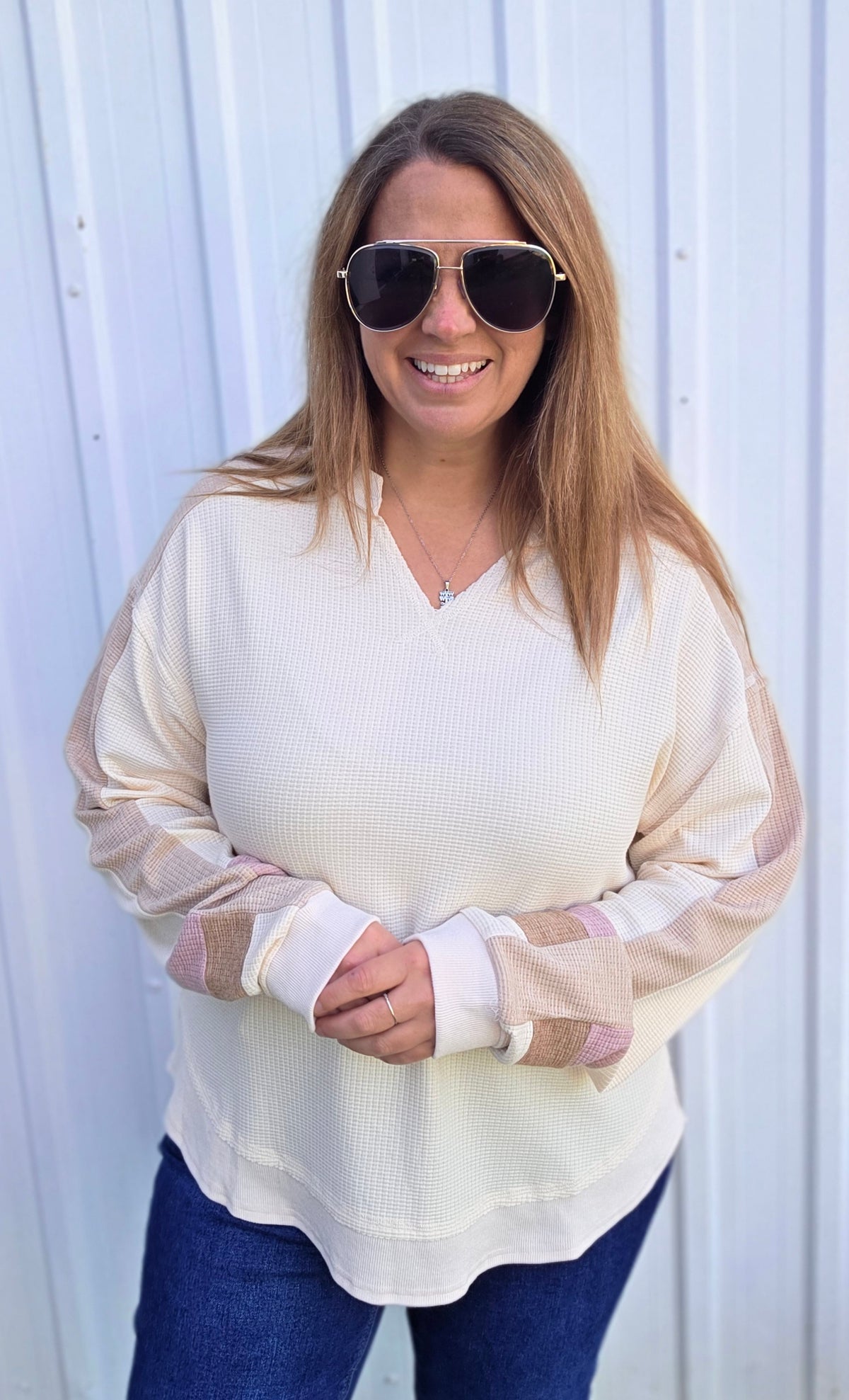 Natural Waffle Texture V Neck Knit top w/ Color Block Sleeves