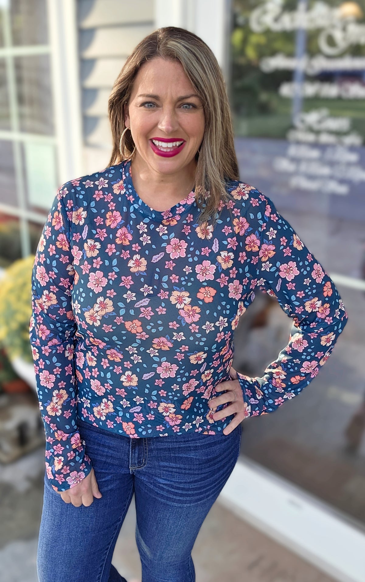 SHIRLEY AND STONE DARK GREEN FLORAL MESH TOP