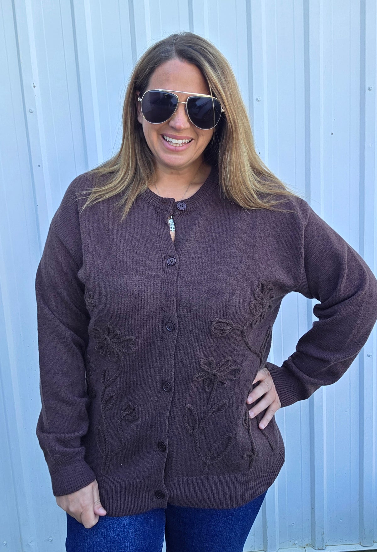 BROWN 3D FLORAL BUTTON DOWN CARDIGAN