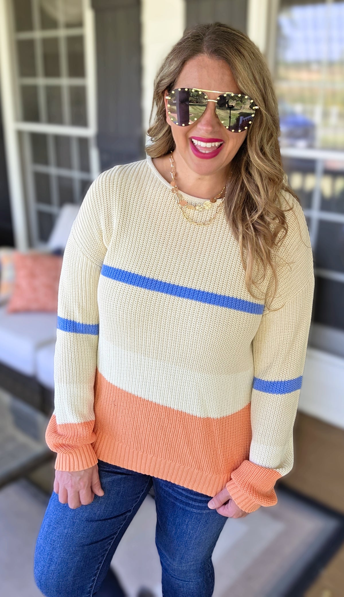 BEIGE/BLUE/ORANGE STRIPED COTTON BLEND SWEATER