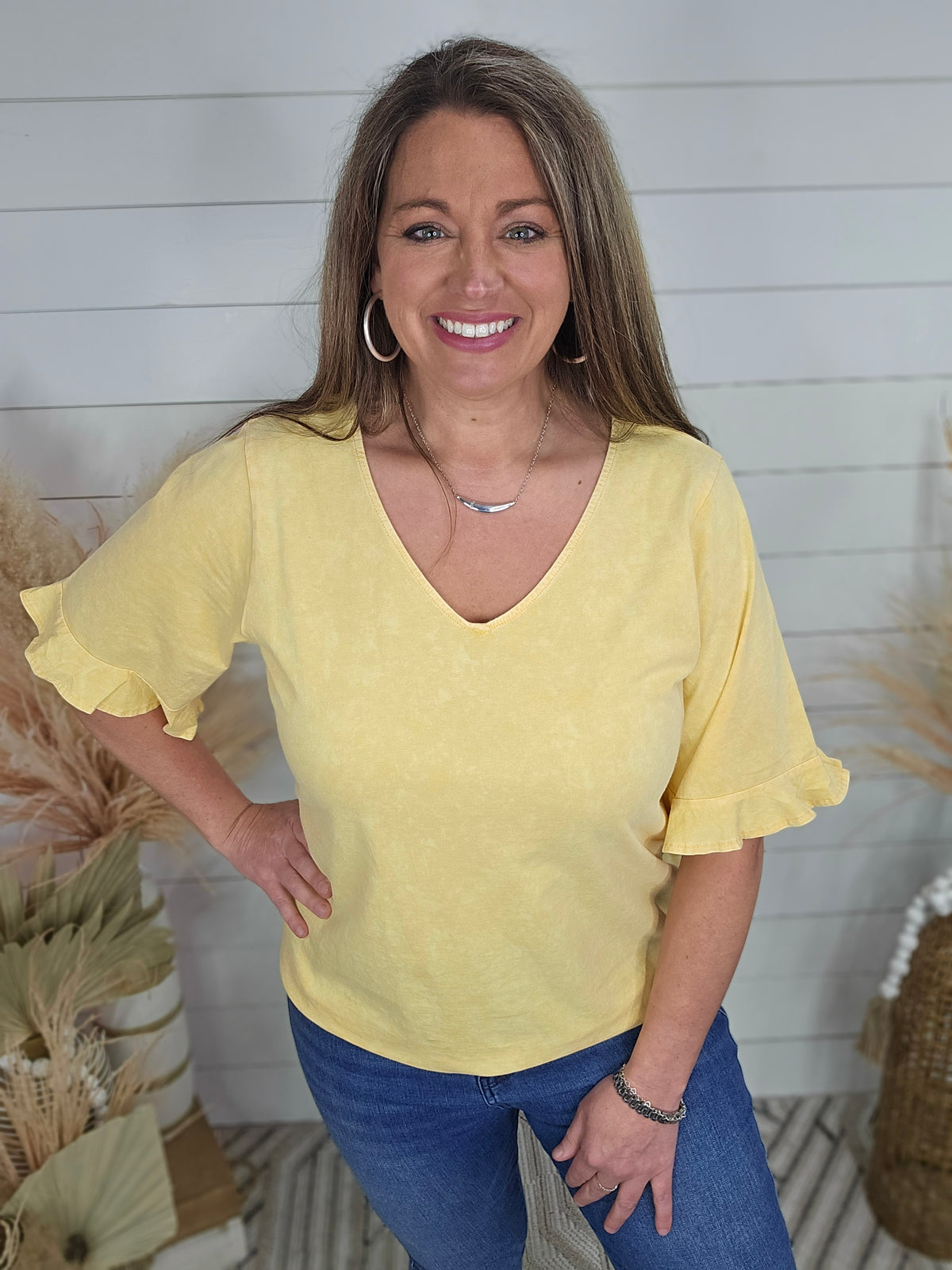 APRICOT MINERAL WASHED V NECK RUFFLED SLEEVE TOP