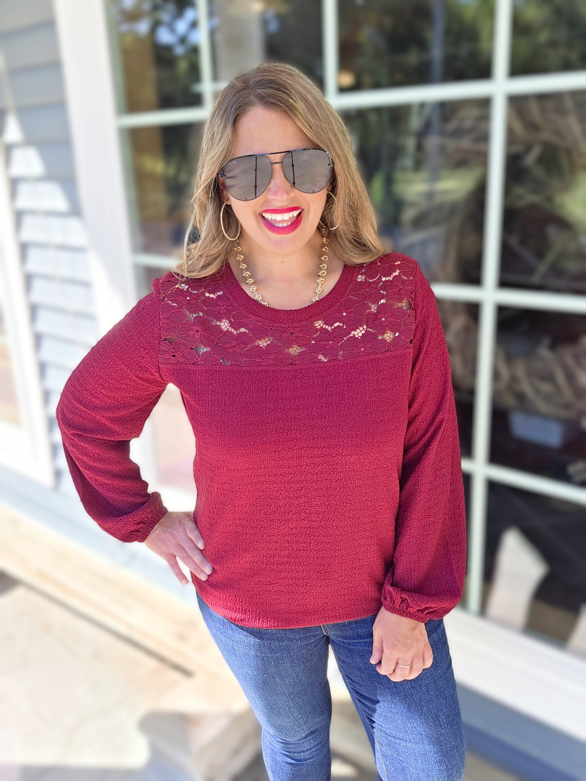 WINE TEXTURED LACE TRIM YOKE TOP