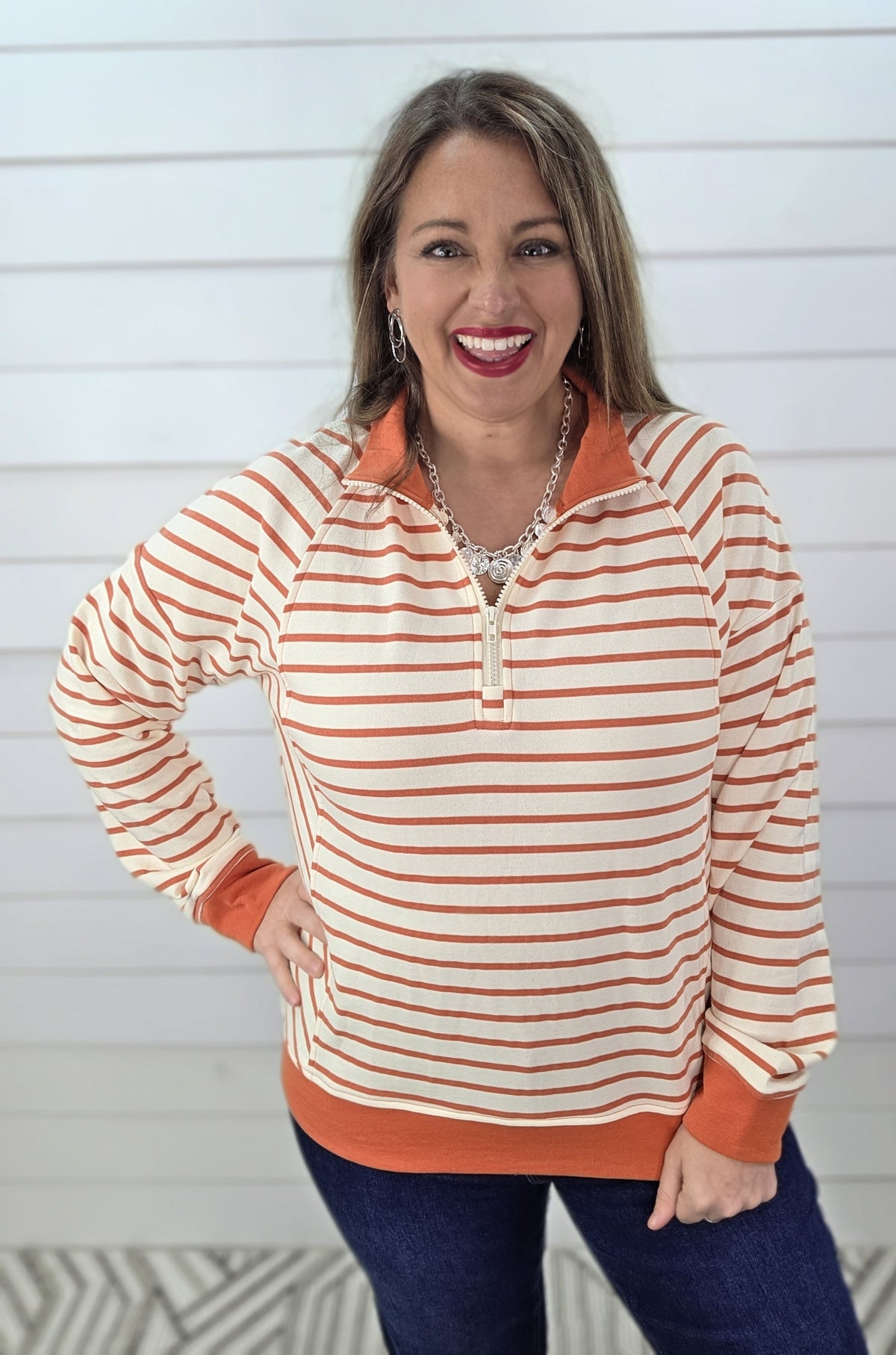 TANGERINE STRIPED FRENCH TERRY QUARTER ZIP