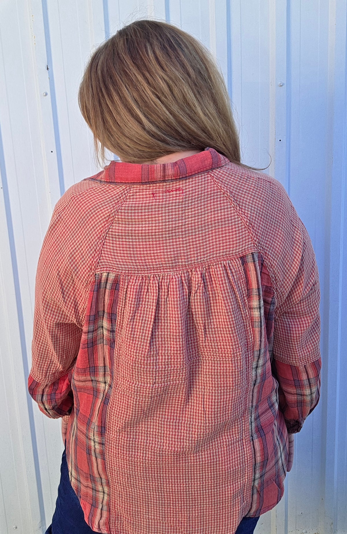 VINTAGE RED MIXED MEDIA OVERSIZED BUTTON DOWN PLAID TOP