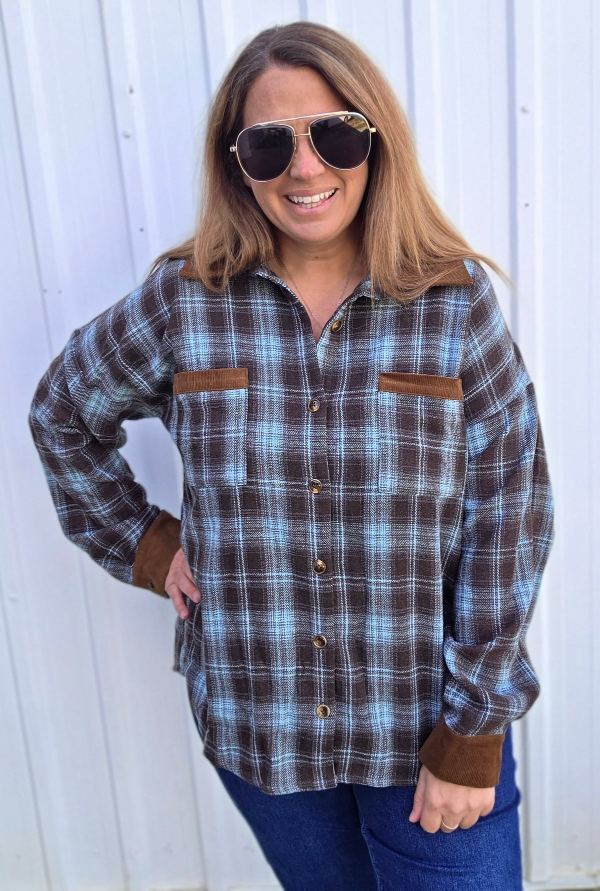 Blue Collared, Corded Patch Pocket, Front Button Down, Brushed Plaid Top