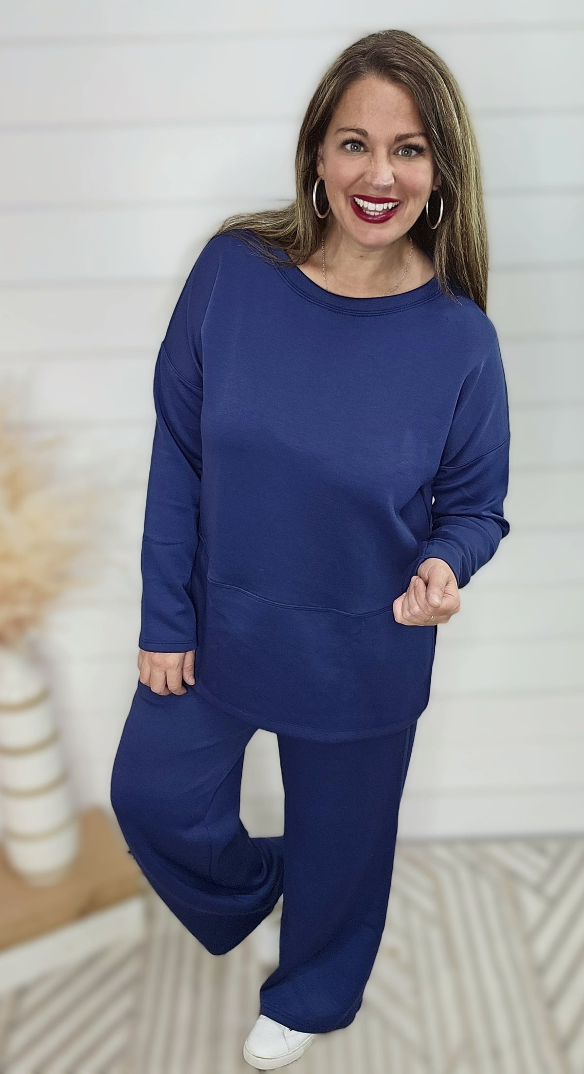 NAVY WRINKLE FREE WIDE LEG CREW NECK SET