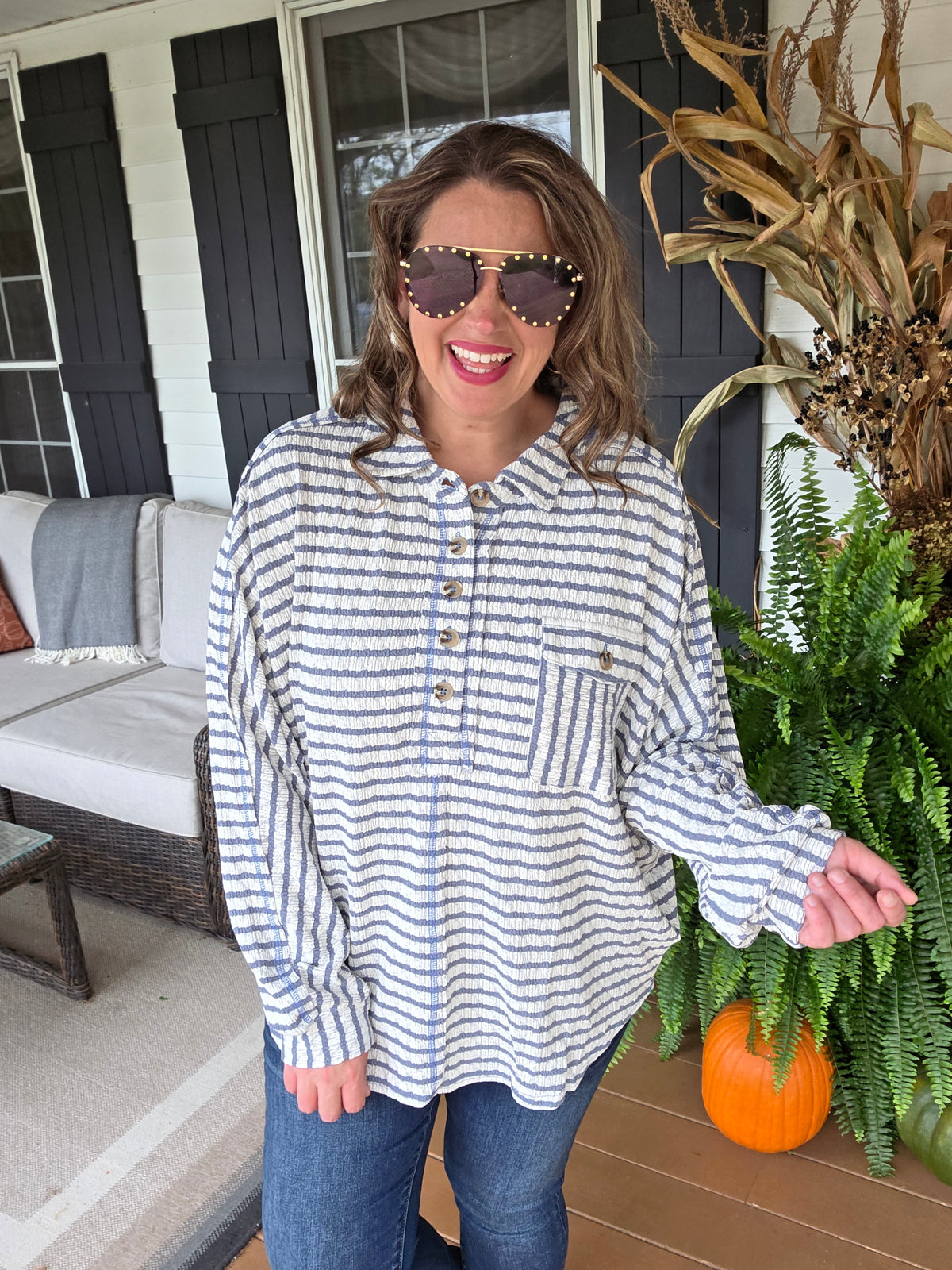 DENIM STRIPED TEXTURED OVERSIZED HENLEY TOP