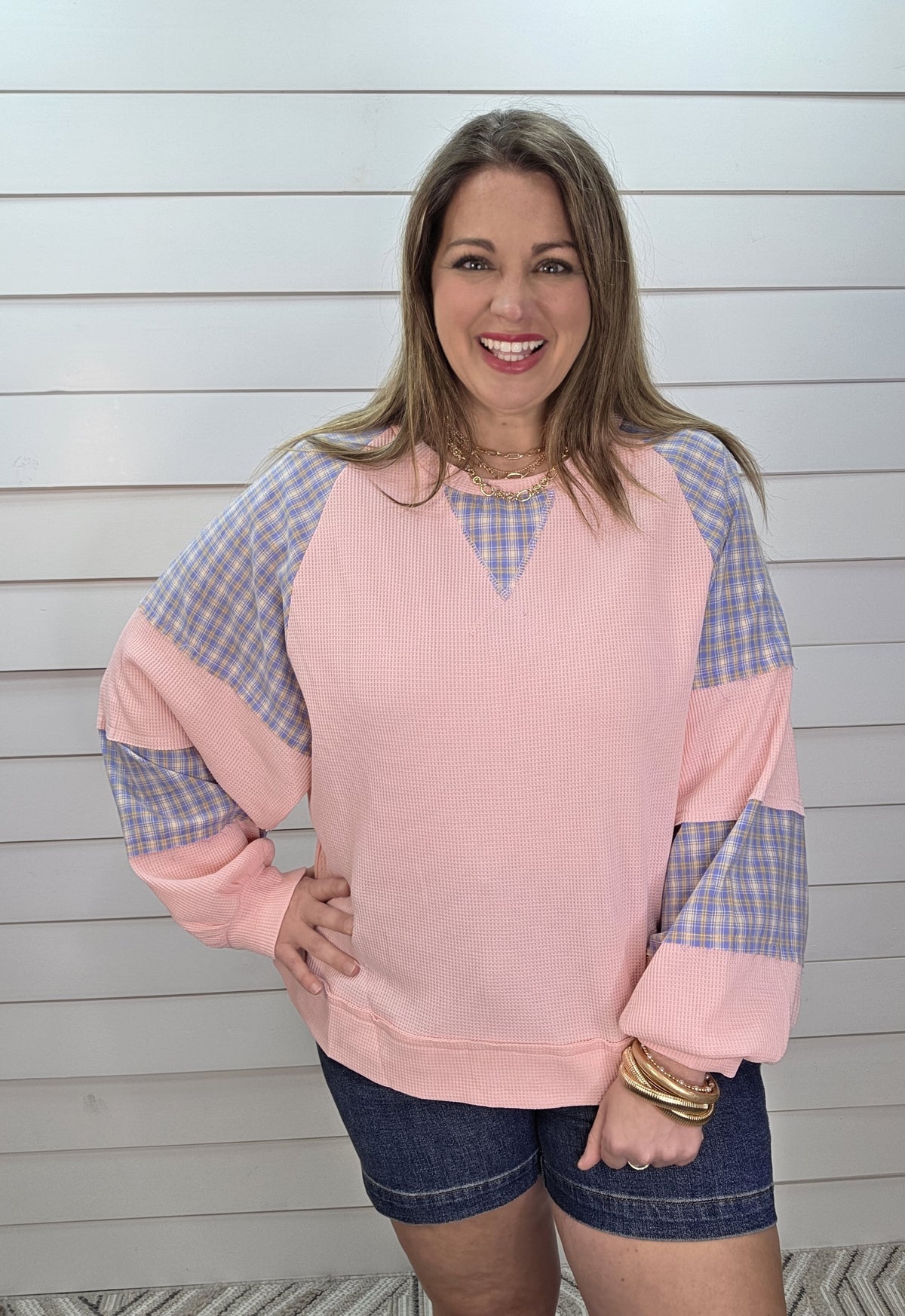 BLUSH/BLUE PLAID KNIT WAFFLE TEXTURE LONG SLEEVE KNIT TOP