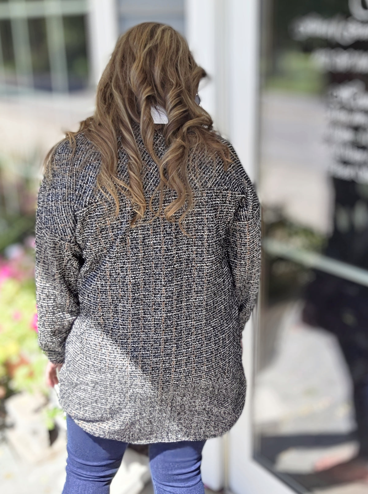 BLACK/GLITZ BUTTON DOWN SOFT TWEED TOP