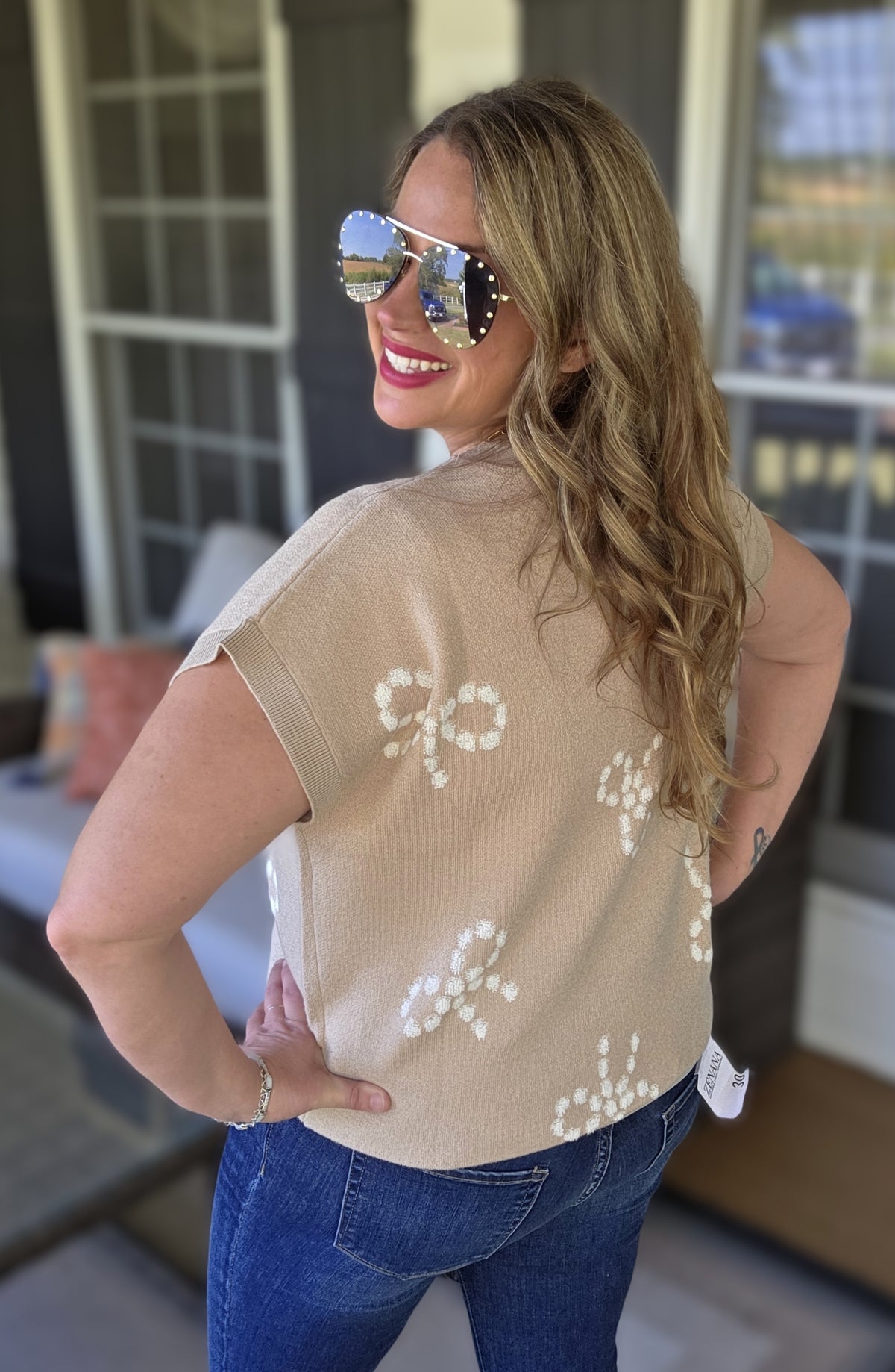 KHAKI BOW PRINT ULTRA SOFT SWEATER VEST