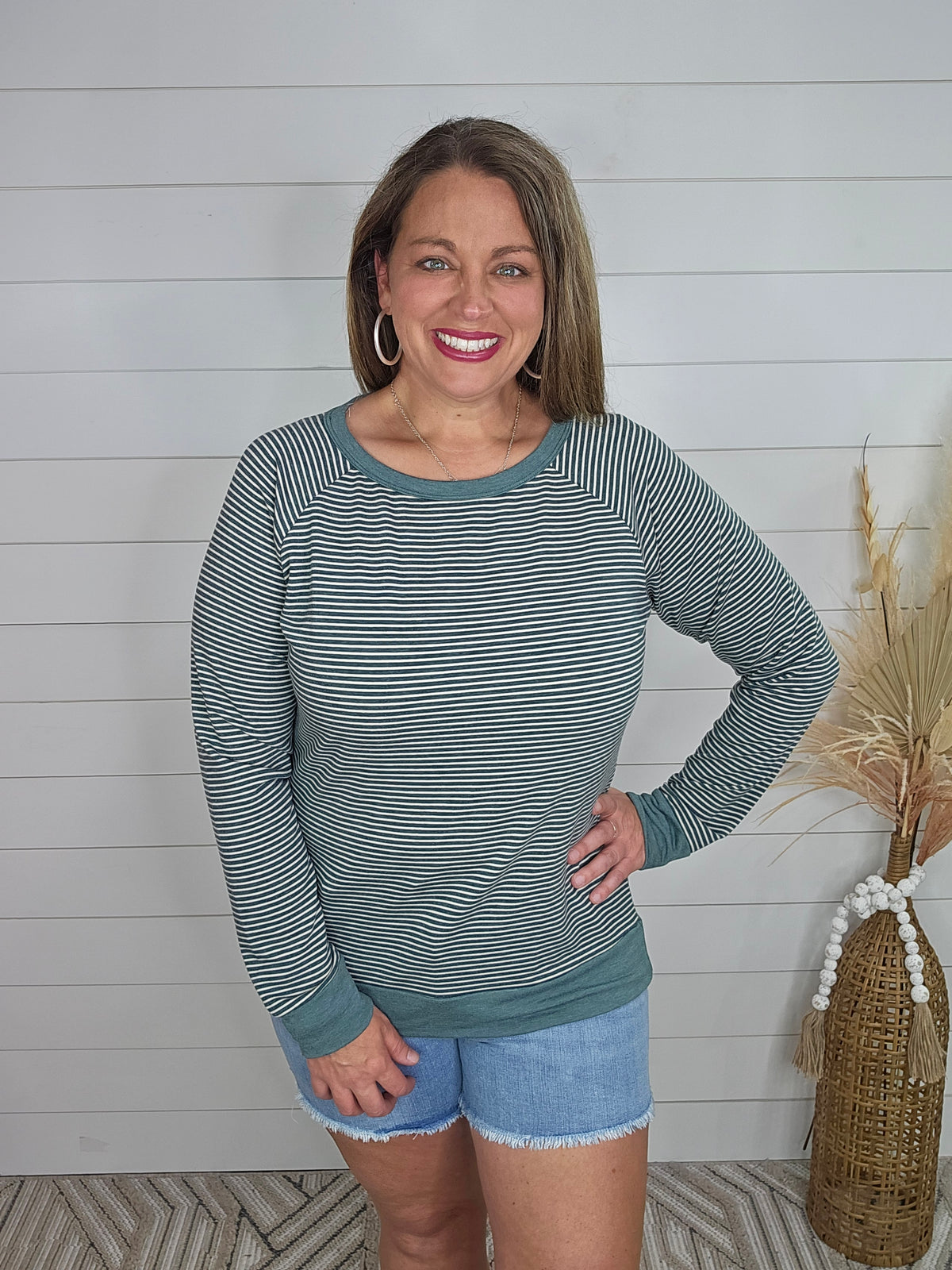 OLIVE CREW NECK PIN STRIPE FRENCH TERRY TOP