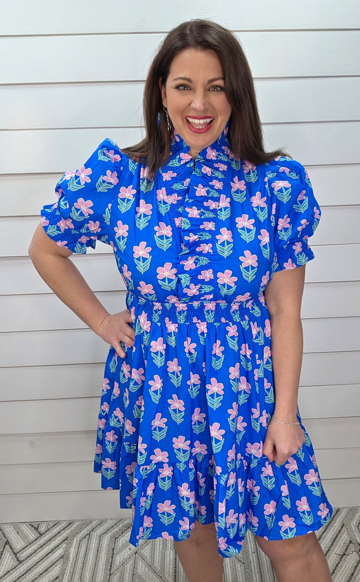 BLUE/PINK FLORAL ELASTIC WAIST DRESS