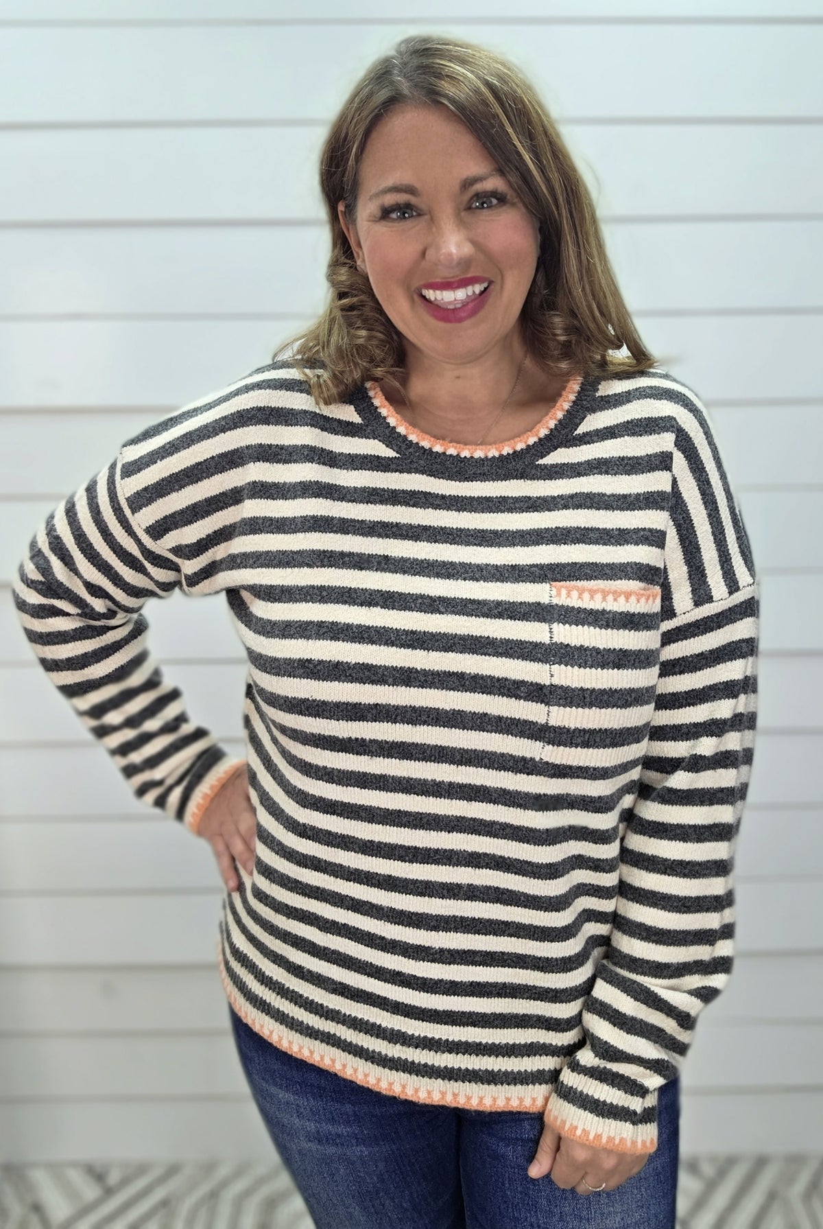 GUN METAL Pop Color Blanket Stitch Finished Chest Pocket Long Sleeve Striped Sweater