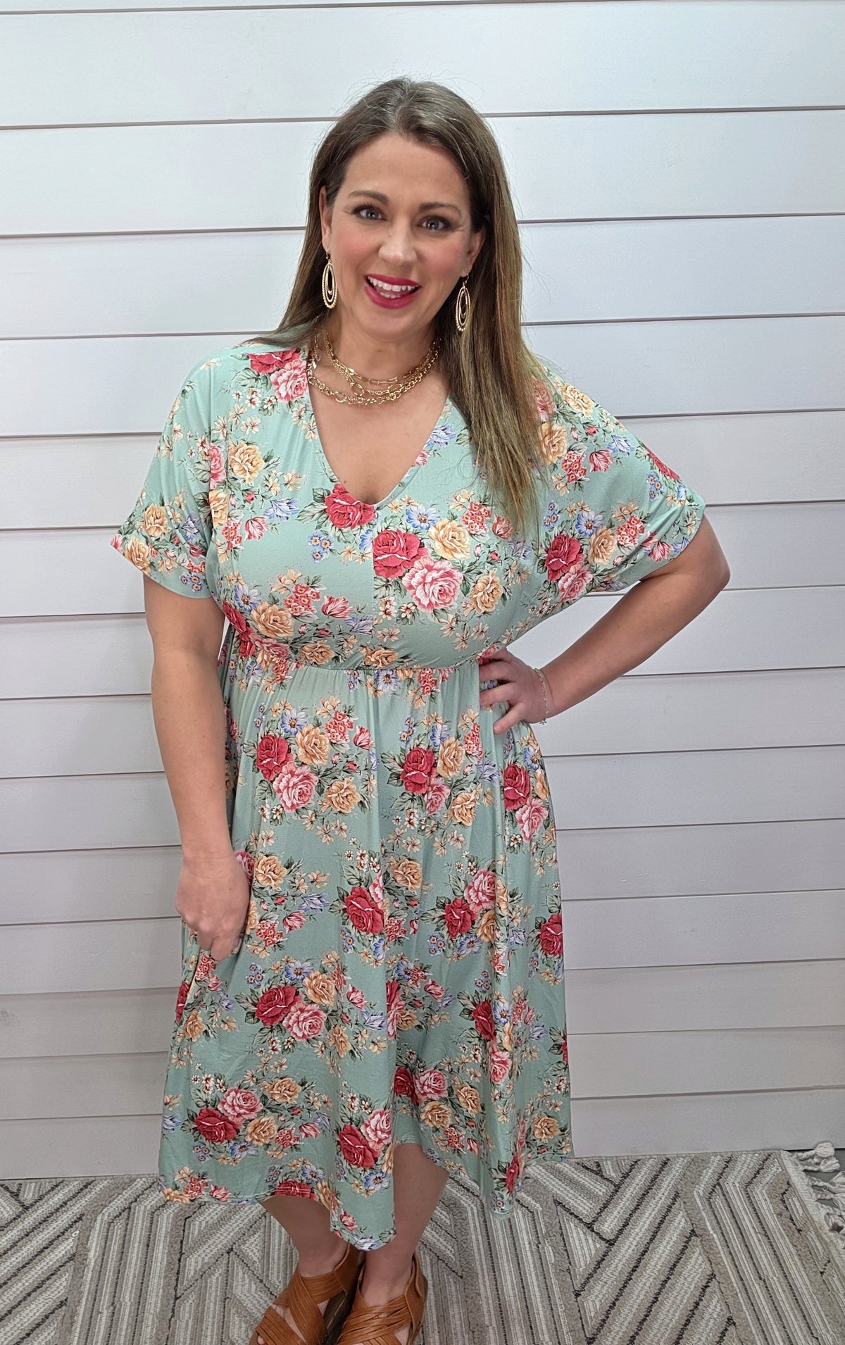 SAGE FLORAL MID LENGTH BUTTER SOFT DRESS W/ ELASTIC WAIST