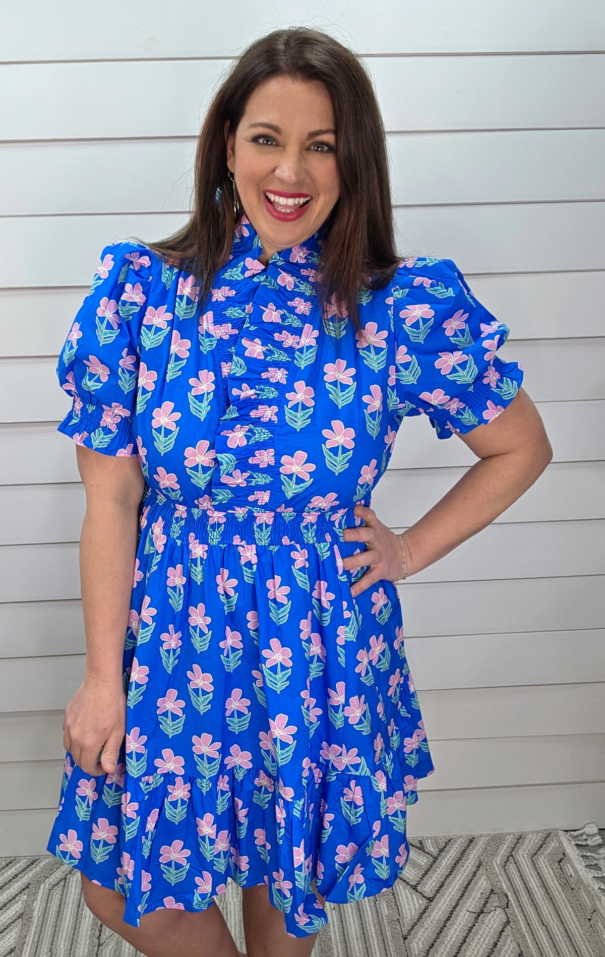 BLUE/PINK FLORAL ELASTIC WAIST DRESS