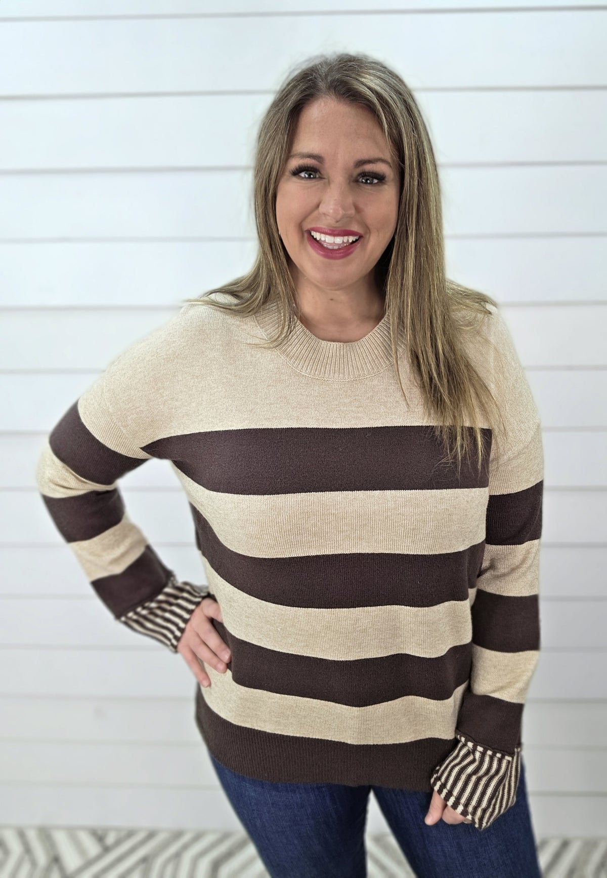 CHOCOLATE/MOCHA STRIPED CONTRAST LIGHT WEIGHT SWEATER