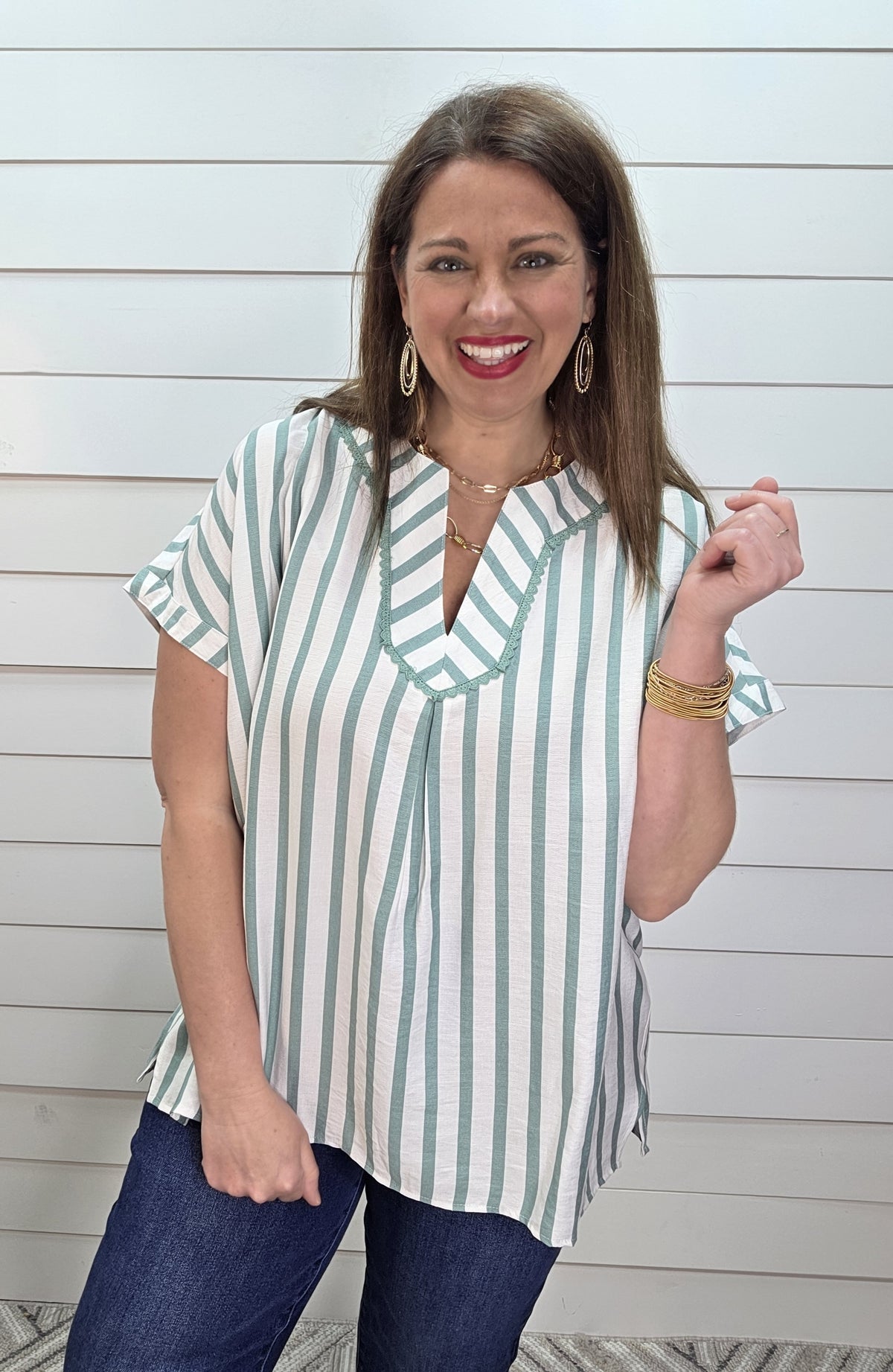 MINT STRIPED V NECK LOOSE FIT WOVEN TOP W/ LACE TRIM