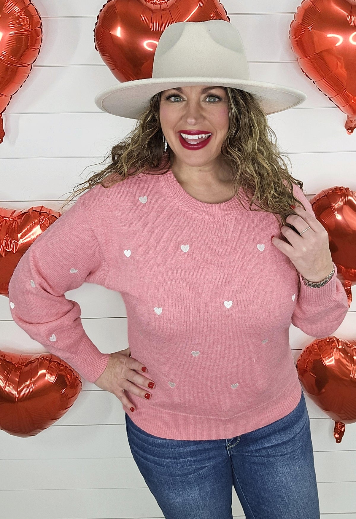 PINK/WHITE HEART EMBROIDERED SWEATER