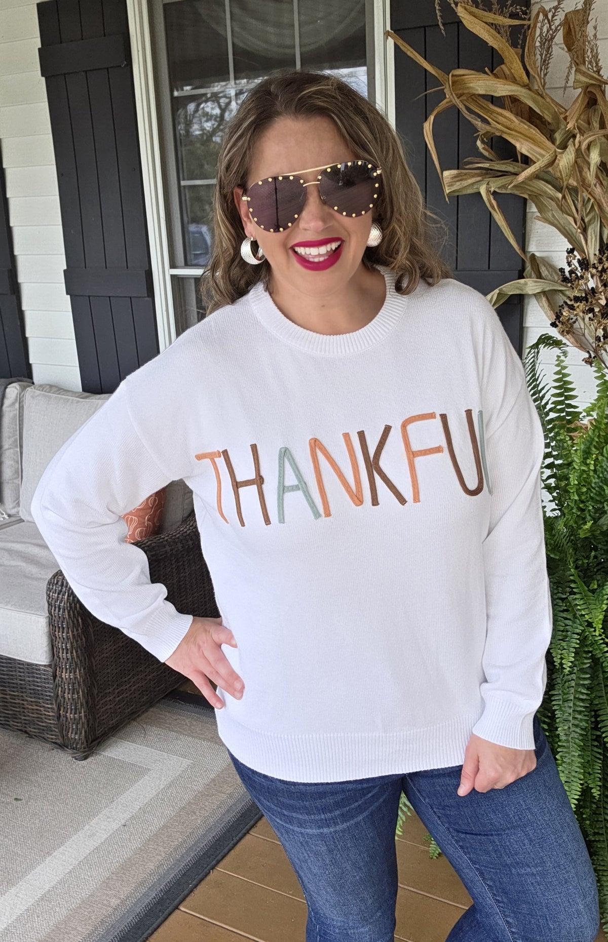 CREAM MULTI COLOR EMBROIDED "THANKFUL" SWEATER