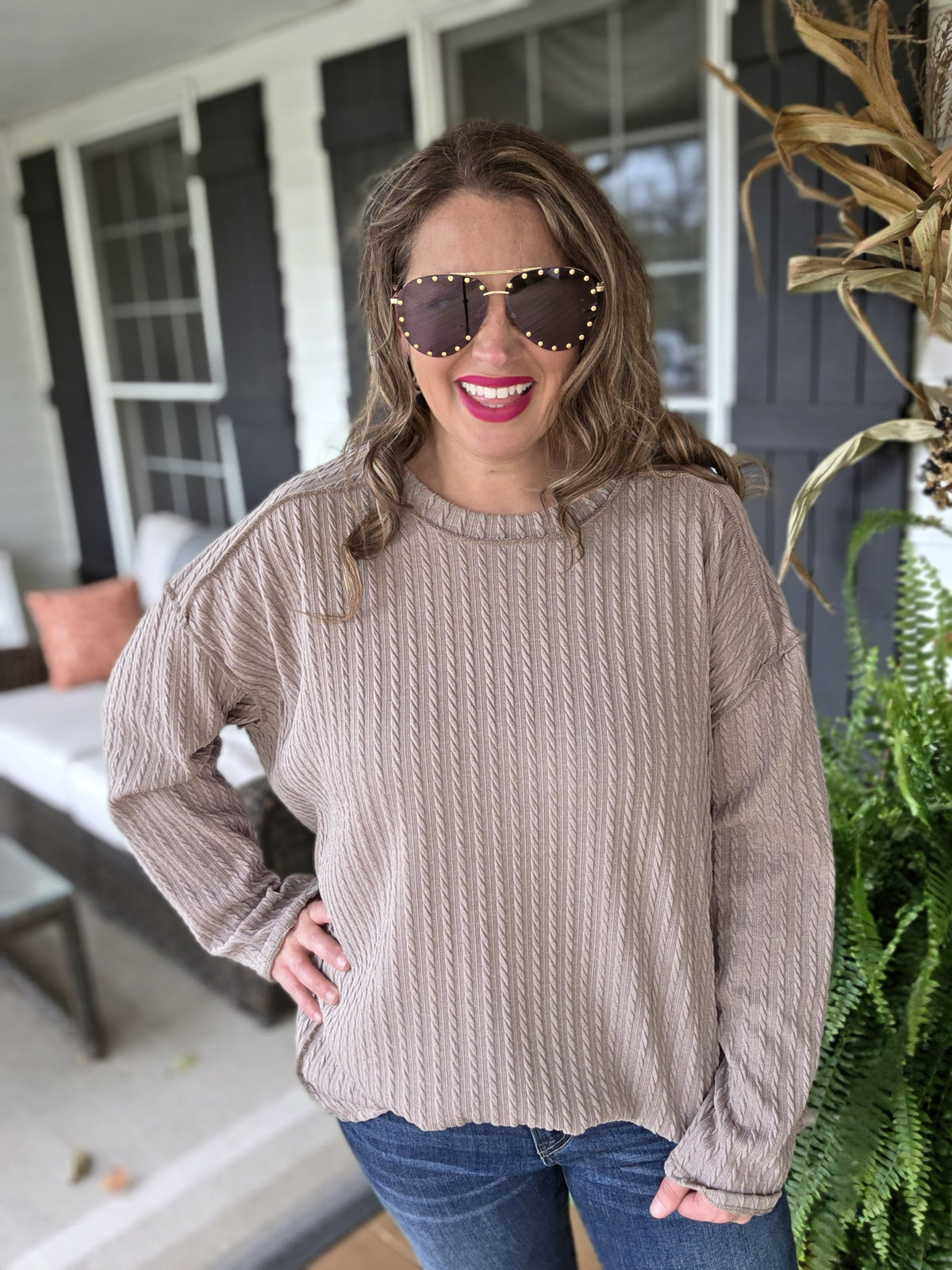 LT BROWN TEXTURED CREW NECK KNIT TOP