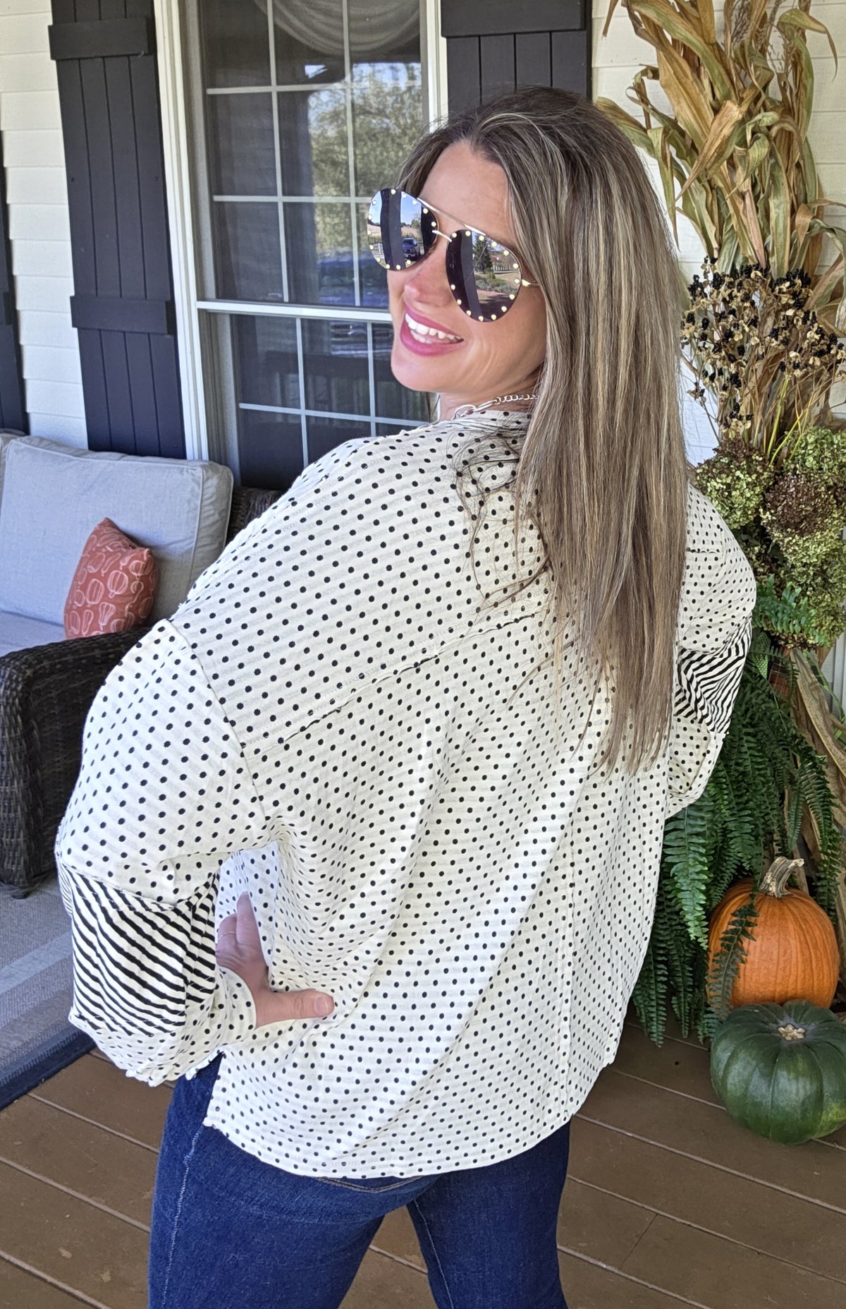 CREAM/BLACK POLKADOT/STRIPED KNIT OVERSIZED TOP