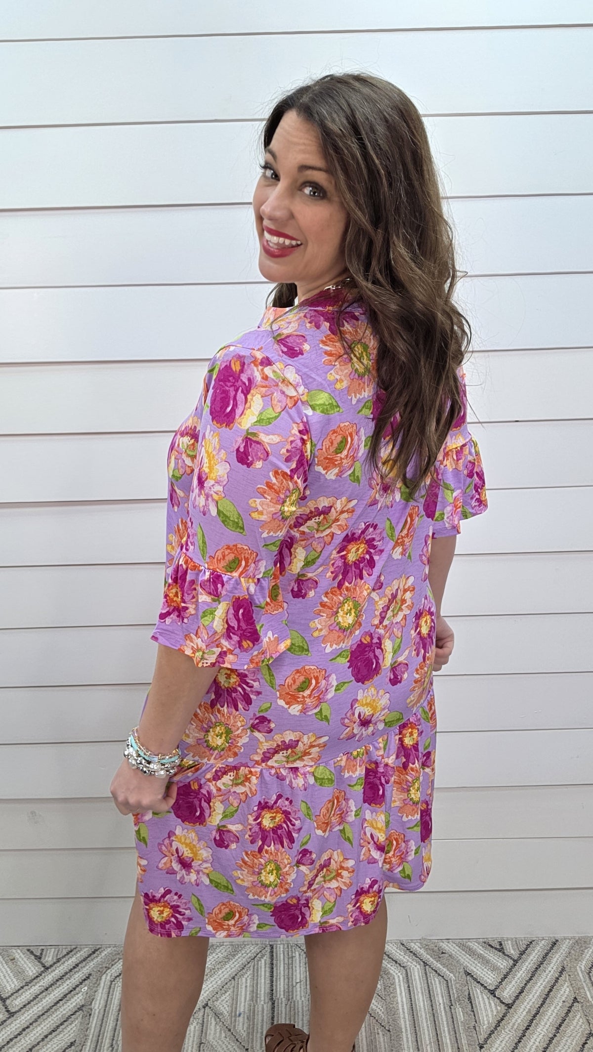 DEAR SCARLETT SUNDAY 3/4 SLEEVE RUFFLE DETAIL DRESS - ORCHID FLORAL