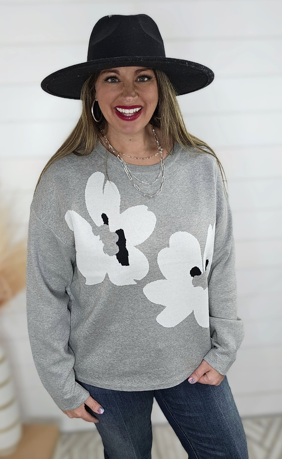 HEATHER GREY LARGE FLORAL CREW NECK SWEATER