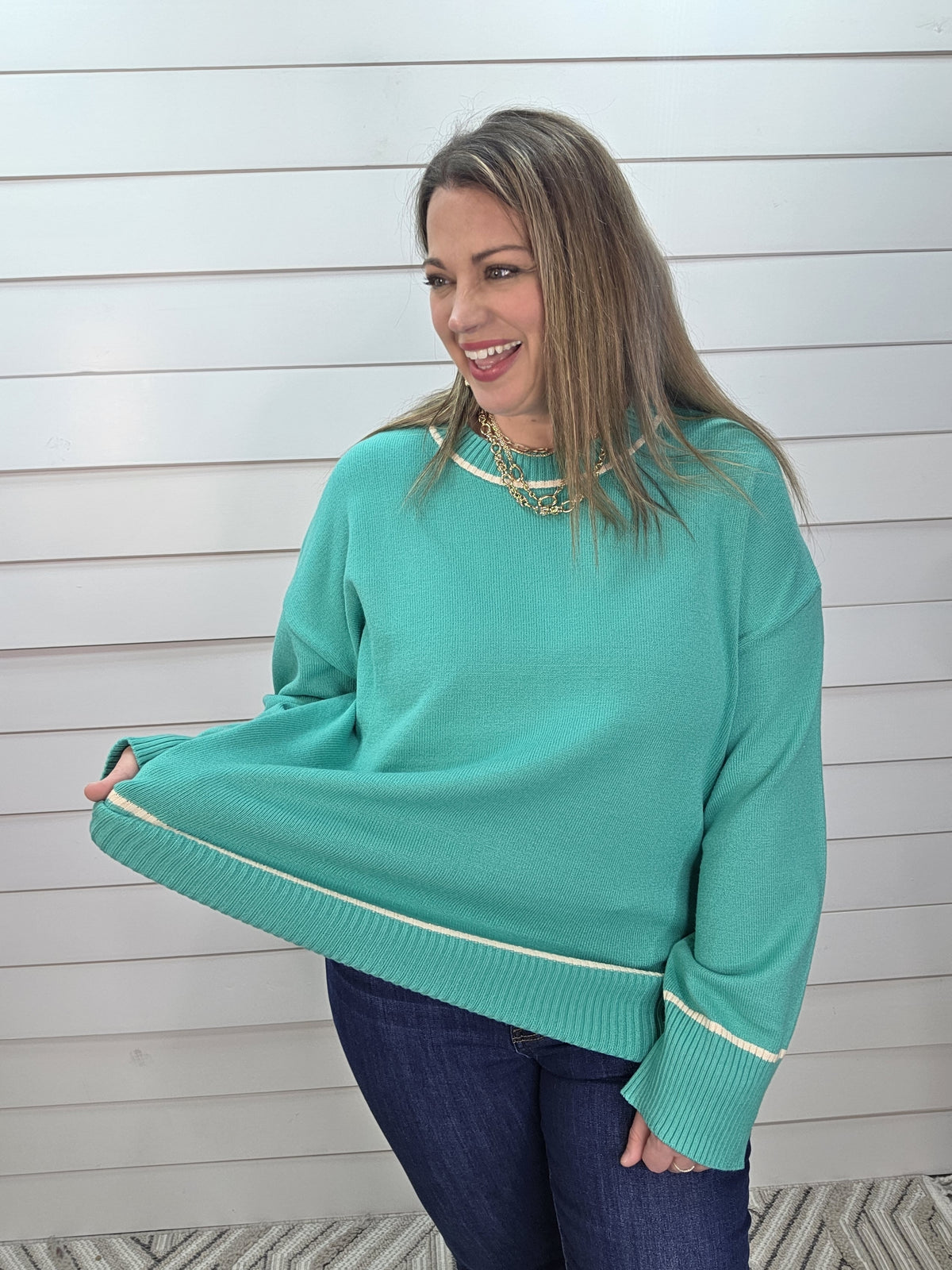 TEAL CONTRAST DROP SHOULDER LIGHT WEIGHT SWEATER