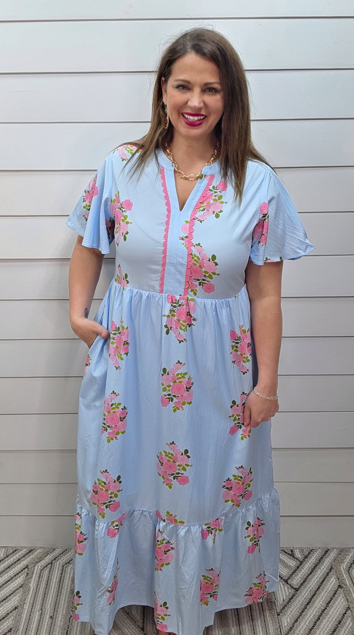 SKY BLUE/PINK FLORAL LONG DRESS